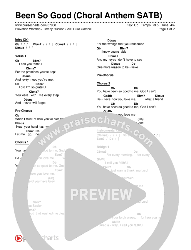 Been So Good (Choral Anthem SATB) Chords & Lyrics (Elevation Worship / Tiffany Hudson / Arr. Luke Gambill)