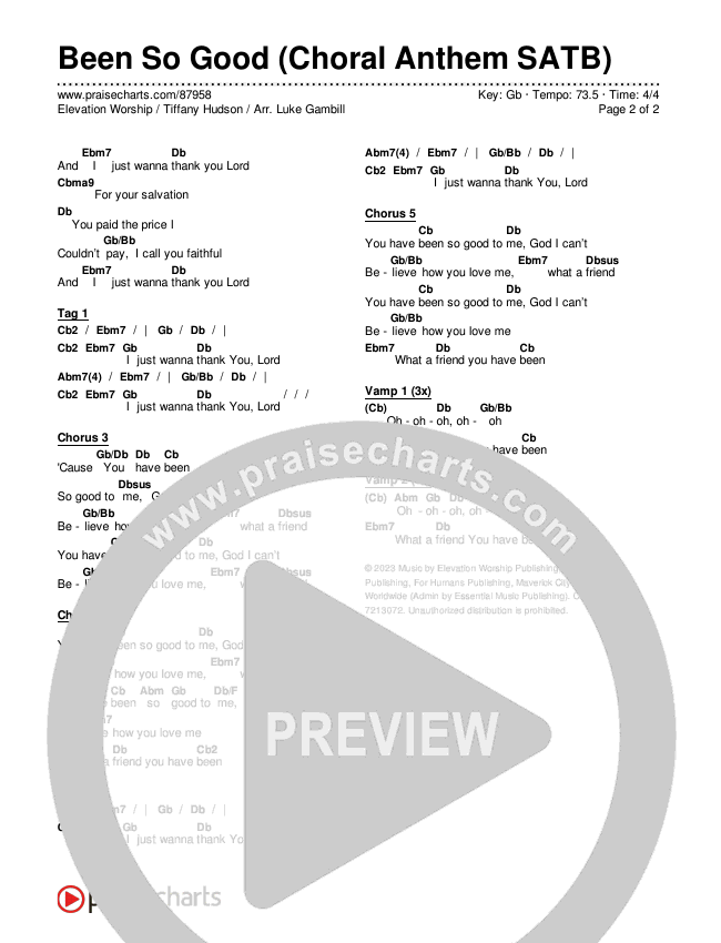 Been So Good (Choral Anthem SATB) Chords & Lyrics (Elevation Worship / Tiffany Hudson / Arr. Luke Gambill)