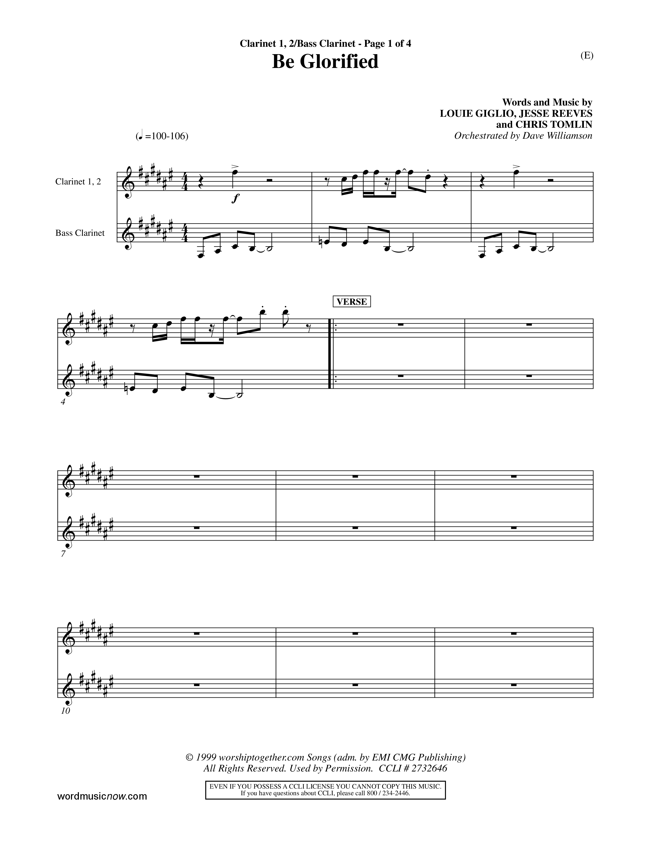 Be Glorified (Choral Anthem SATB) Clarinet 1/2, Bass Clarinet (Word Music Choral / Orch. Dave Williamson)