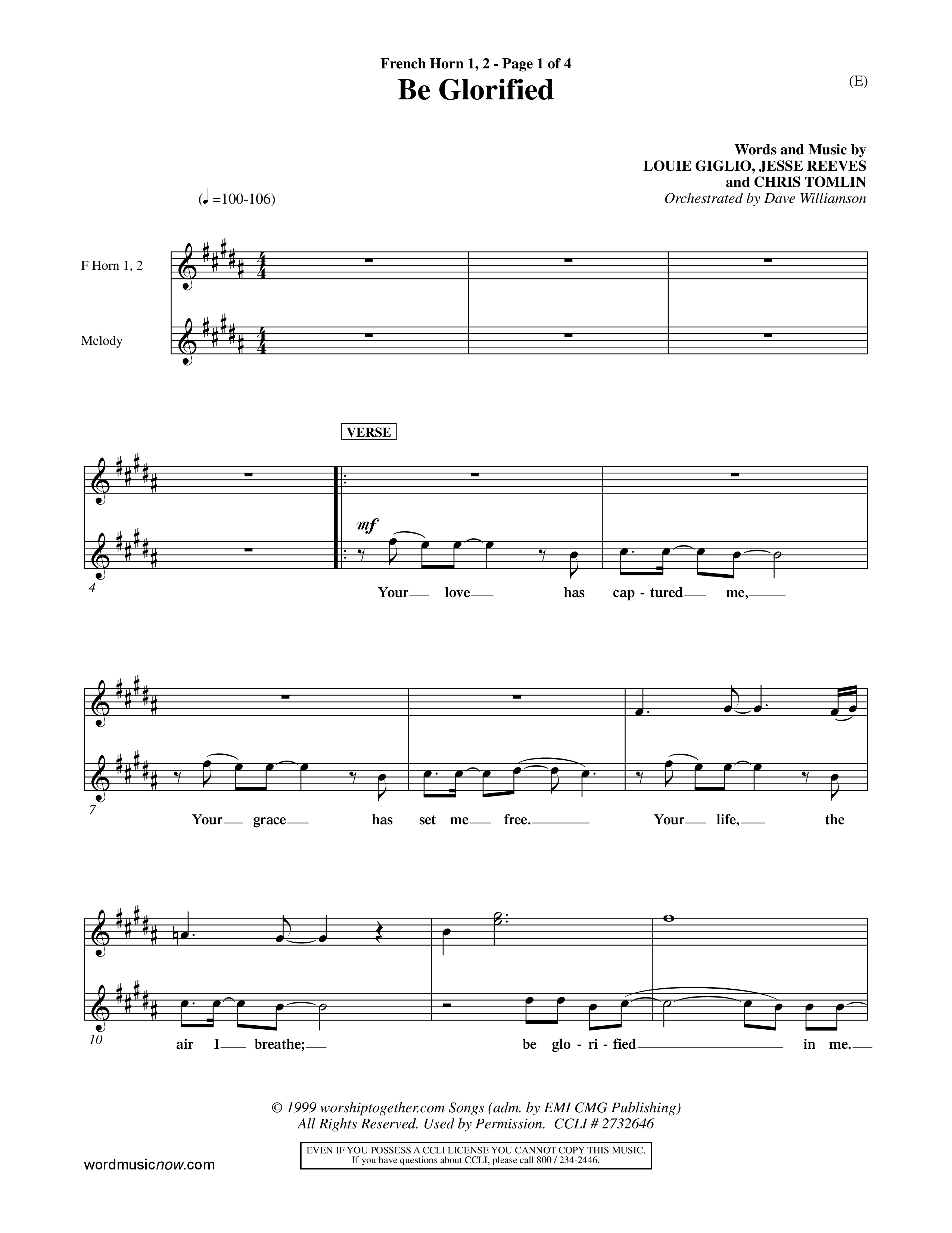 Be Glorified (Choral Anthem SATB) French Horn (Word Music Choral / Orch. Dave Williamson)