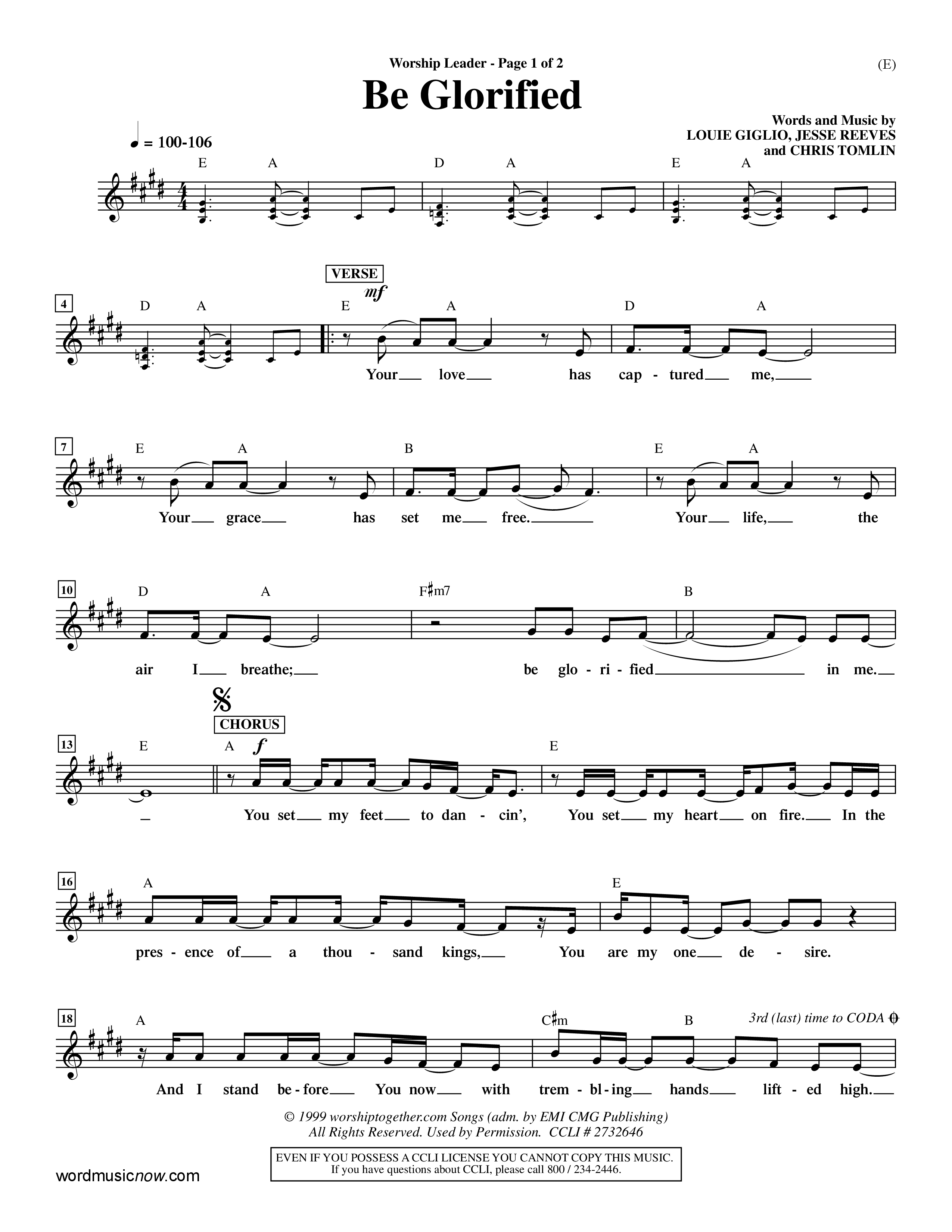 Be Glorified (Choral Anthem SATB) Lead Sheet (Mel) (Word Music Choral / Orch. Dave Williamson)