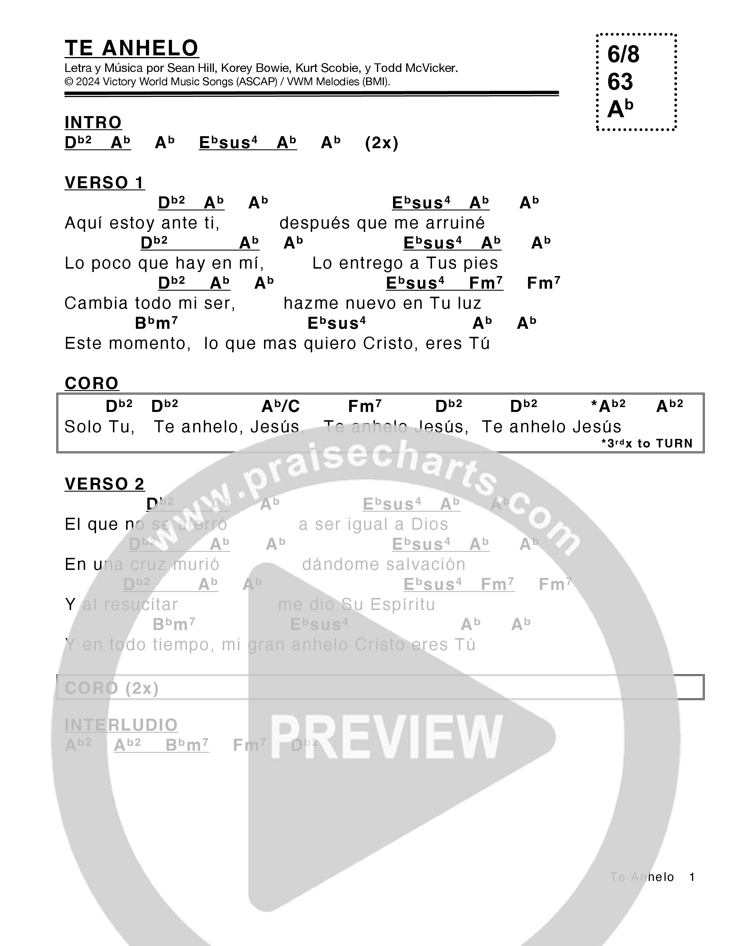 Te Anhelo (All I Want Is You) Chord Chart (Victory House Worship)