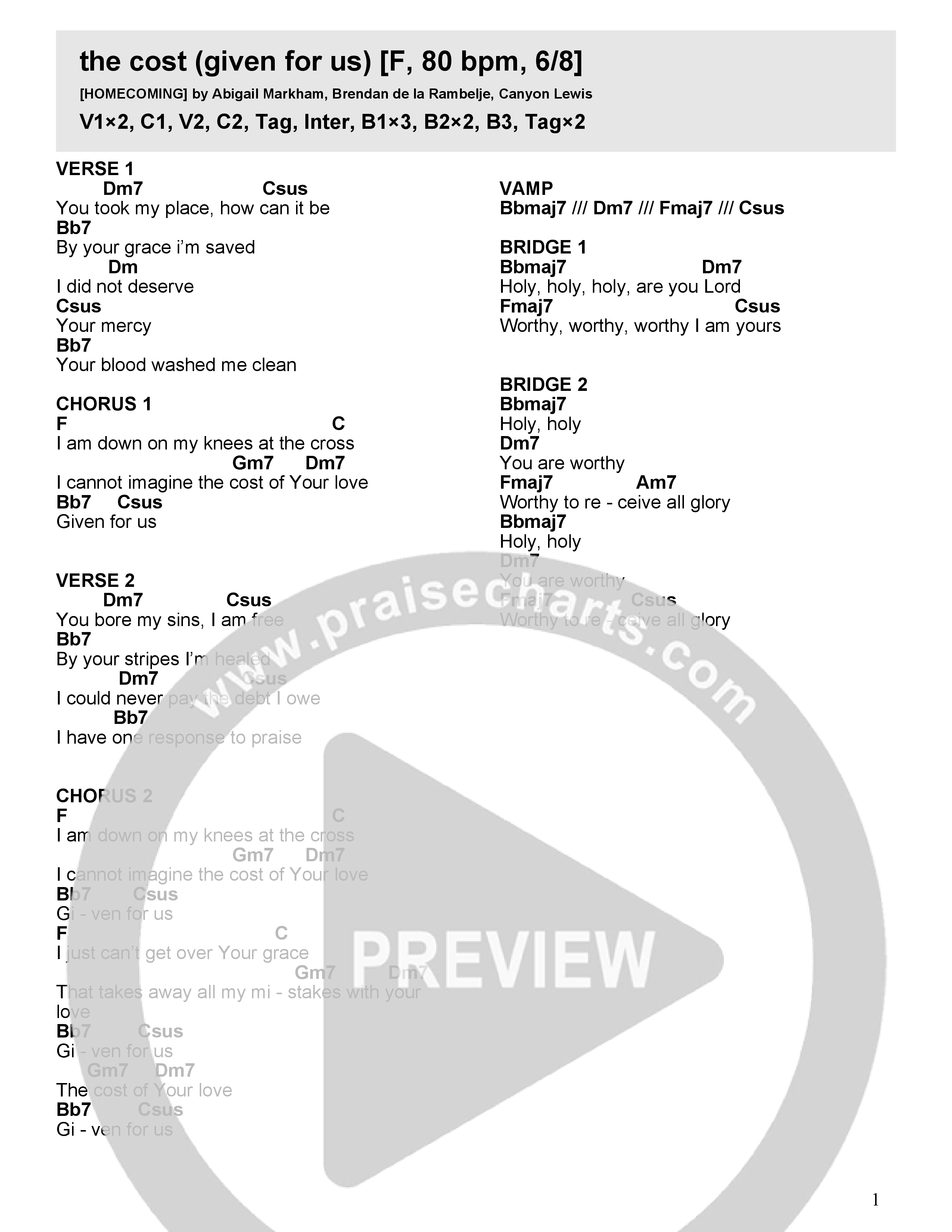 the cost (given for us) Chord Chart (HOMECOMING)