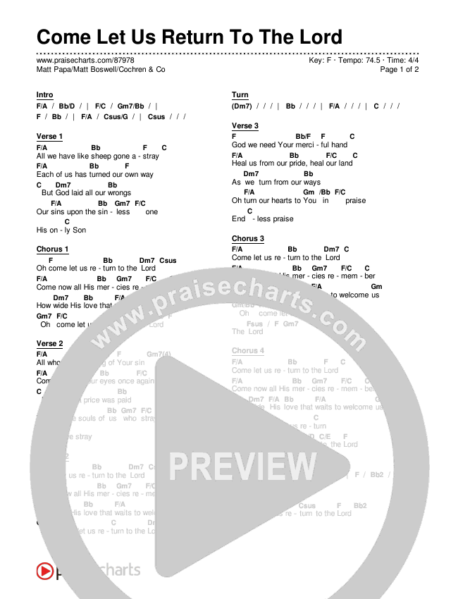 Come Let Us Return To The Lord Chords & Lyrics (Matt Papa / Matt Boswell / Cochren & Co)