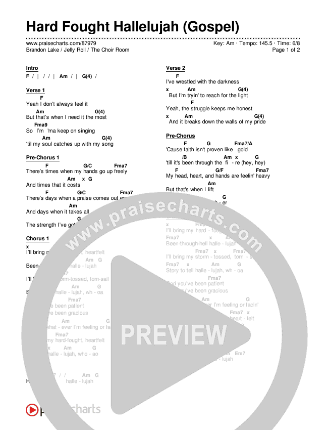 Hard Fought Hallelujah (Gospel) Chords & Lyrics (Brandon Lake / Jelly Roll / The Choir Room)