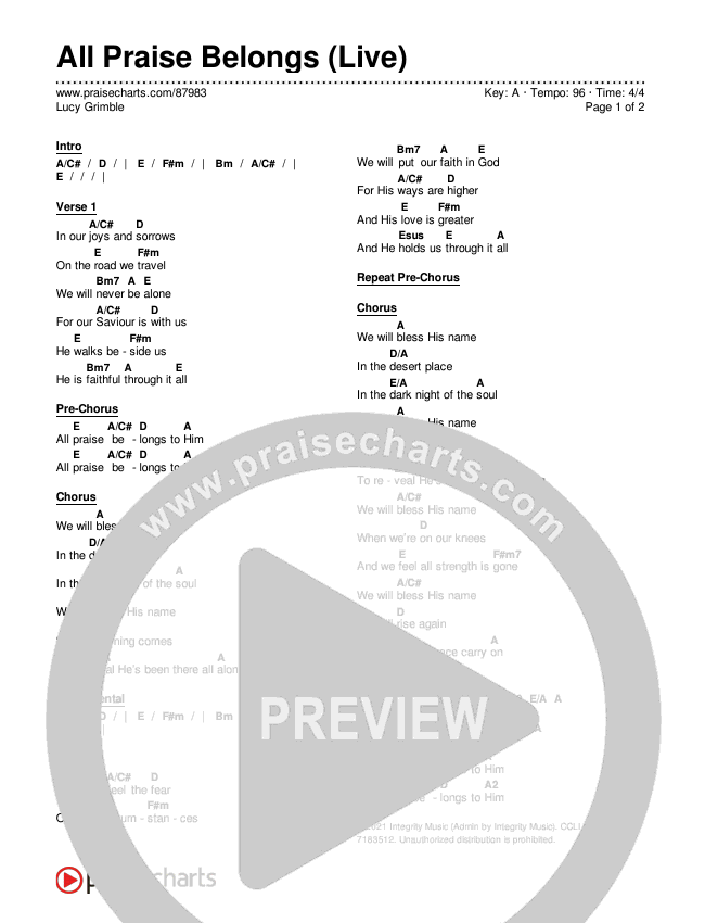 All Praise Belongs (Live) Chord Chart (Lucy Grimble)