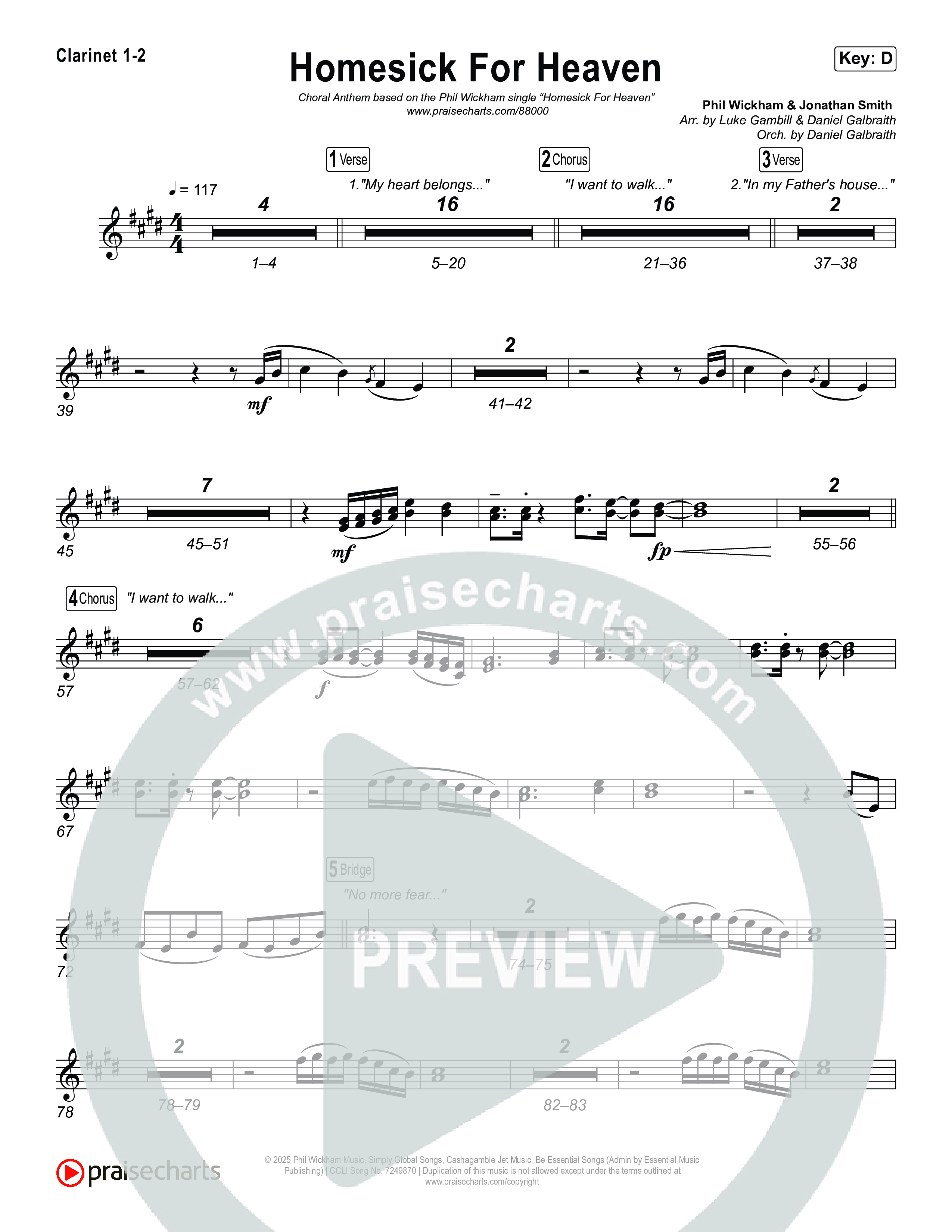 Homesick For Heaven (Choral Anthem SATB) Clarinet 1,2 (Phil Wickham / Arr. Luke Gambill)