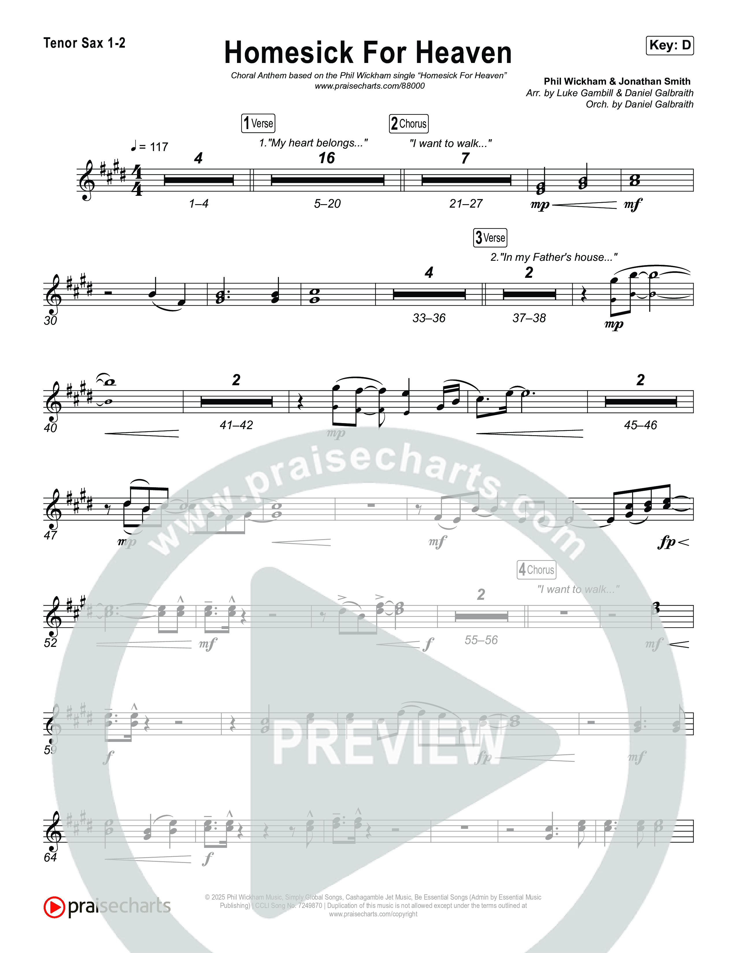 Homesick For Heaven (Choral Anthem SATB) Tenor Sax 1,2 (Phil Wickham / Arr. Luke Gambill)
