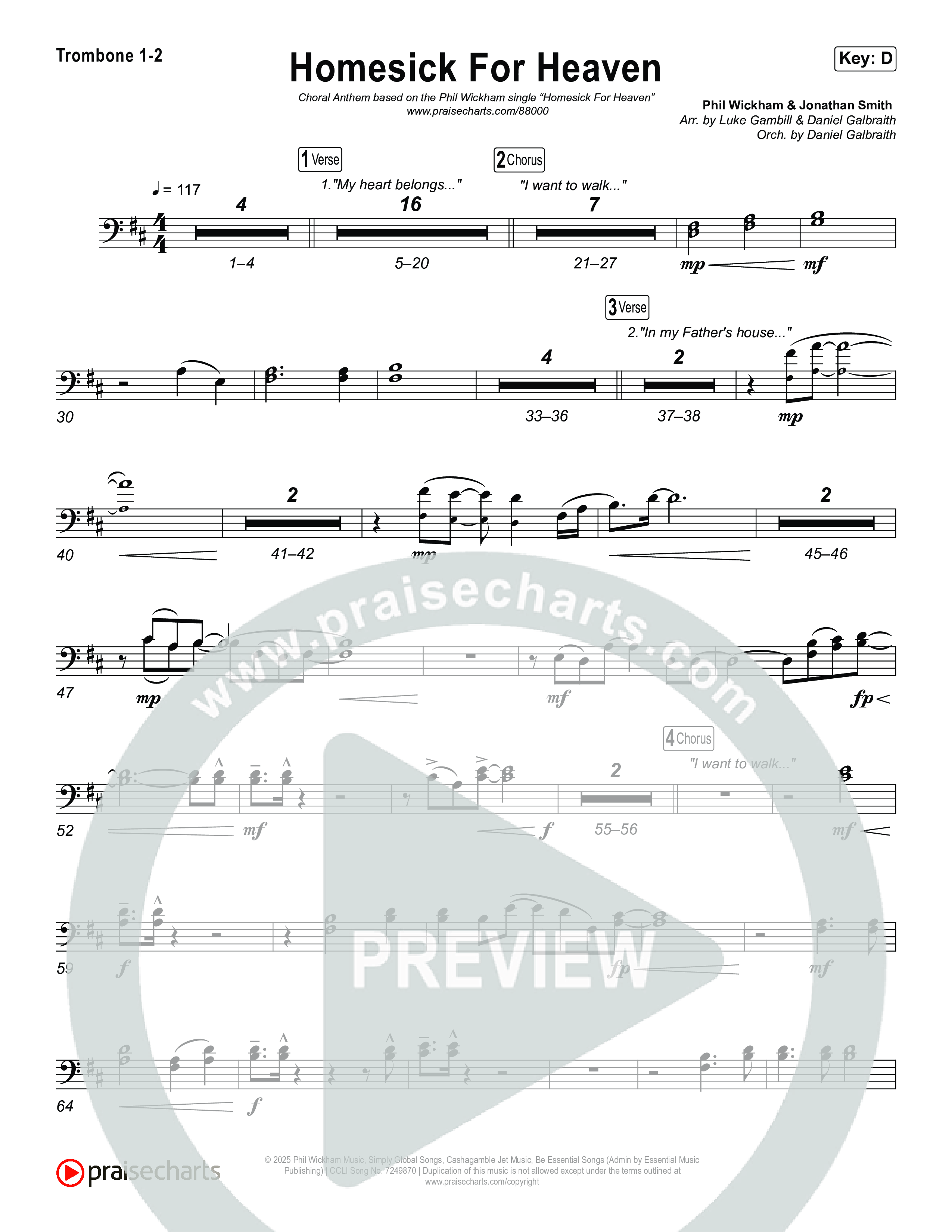 Homesick For Heaven (Choral Anthem SATB) Trombone 1,2 (Phil Wickham / Arr. Luke Gambill)