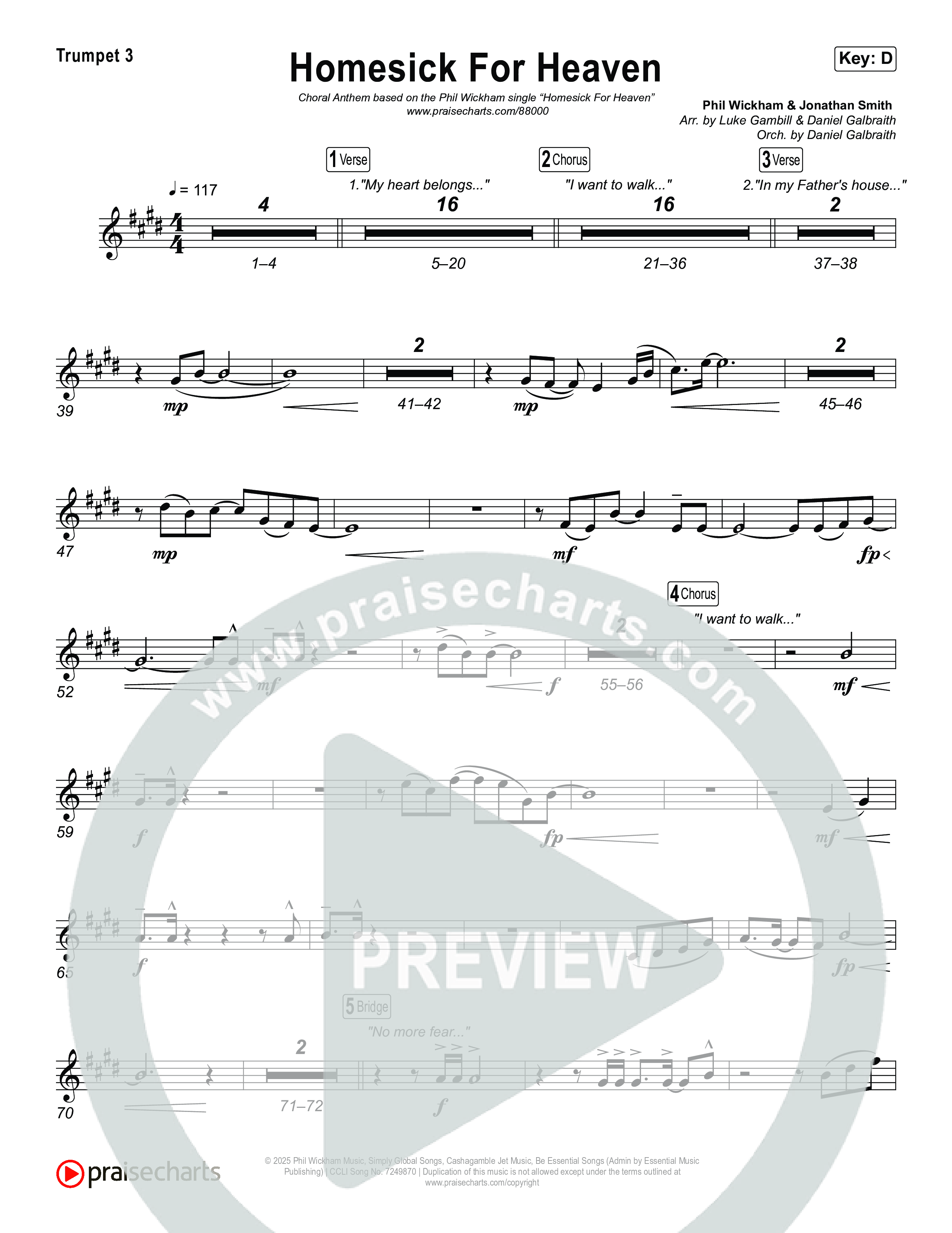 Homesick For Heaven (Choral Anthem SATB) Trumpet 3 (Phil Wickham / Arr. Luke Gambill)