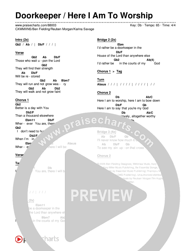 Doorkeeper / Here I Am To Worship Chords & Lyrics (CXMMXNS / Ben Fielding / Reuben Morgan / Karina Savage)