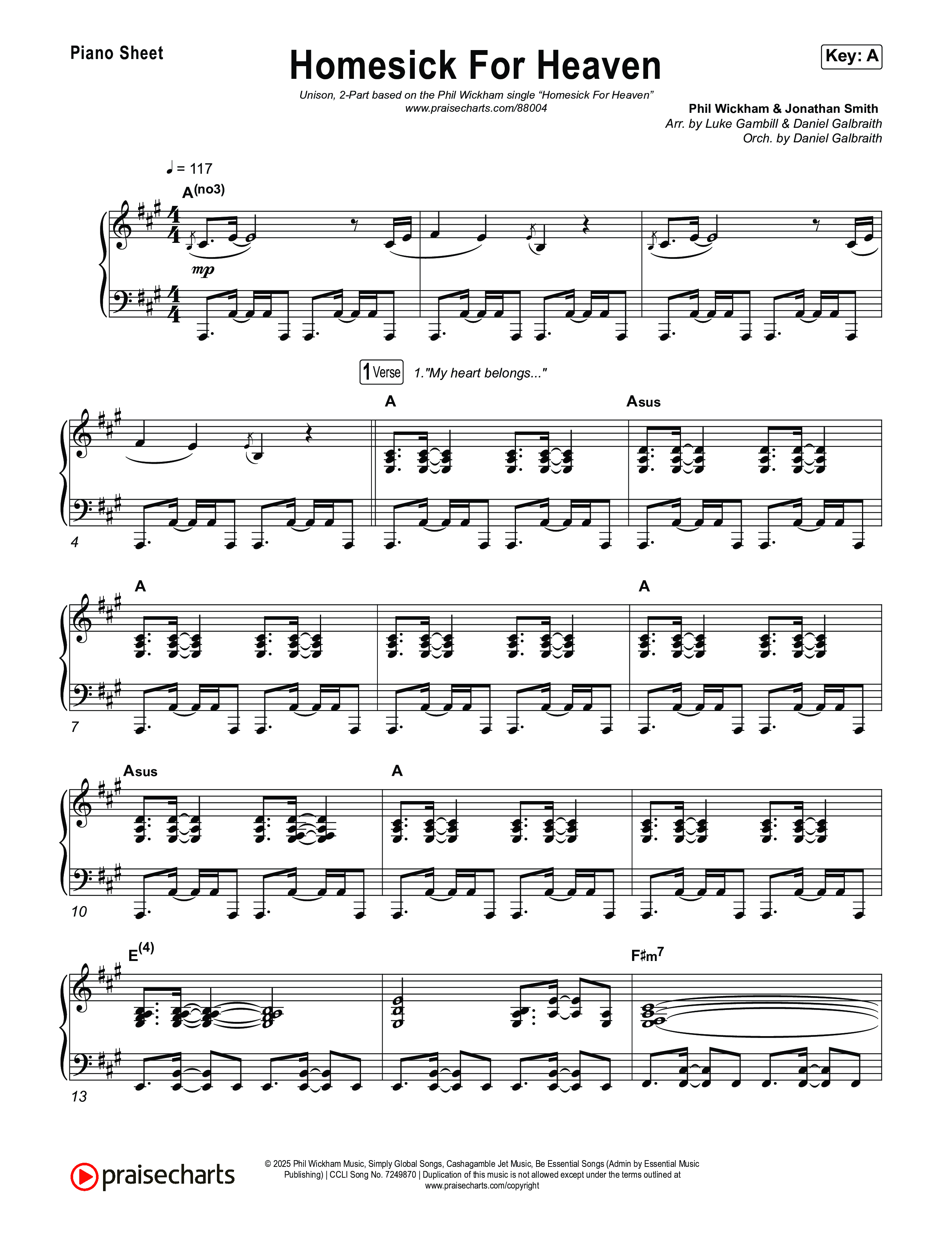 Homesick For Heaven (Unison/2-Part) Piano Sheet (Phil Wickham / Arr. Luke Gambill)