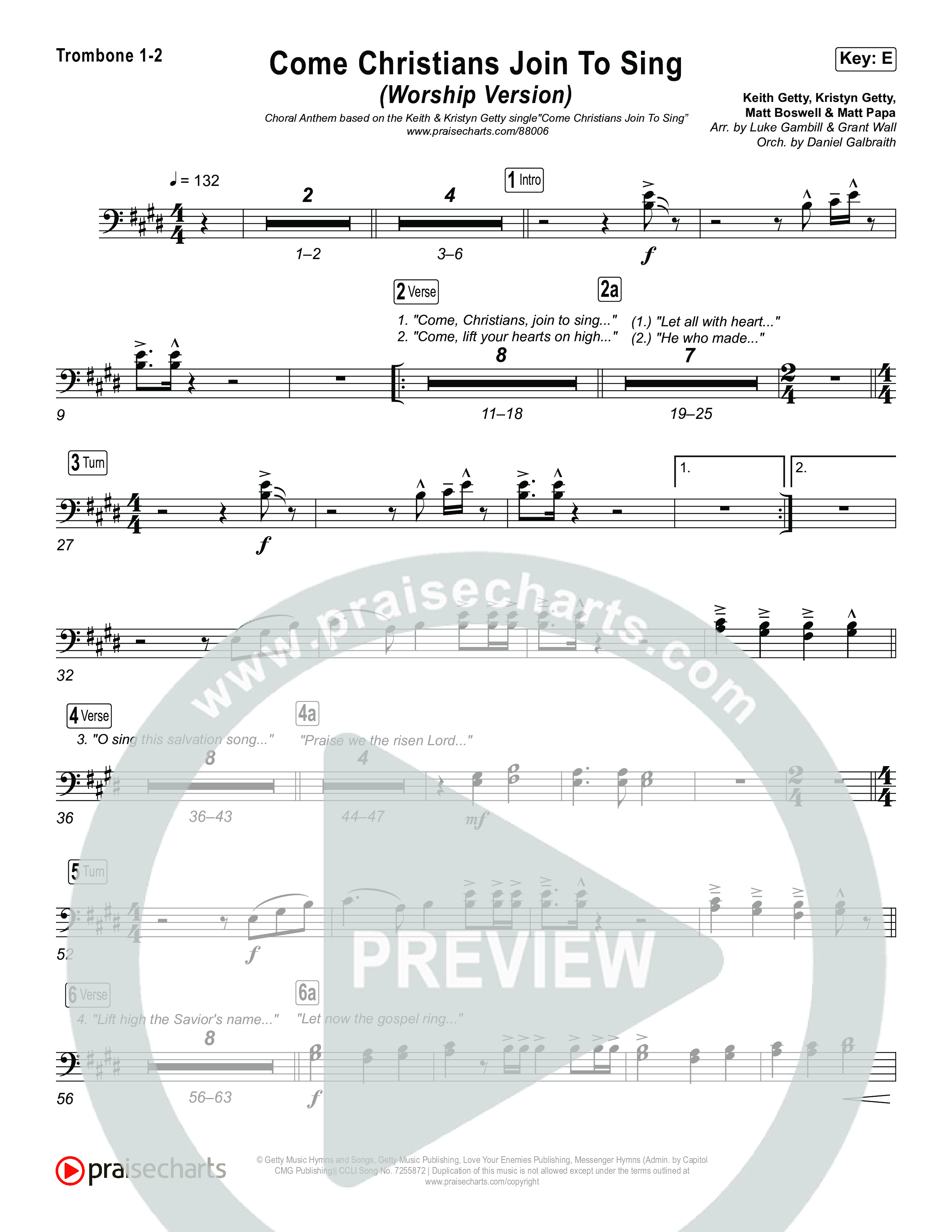 Come Christians Join To Sing (Choral Anthem SATB) Trombone 1,2 (Matt Papa / Matt Boswell / Keith & Kristyn Getty / Sing! / Arr. Luke Gambill)