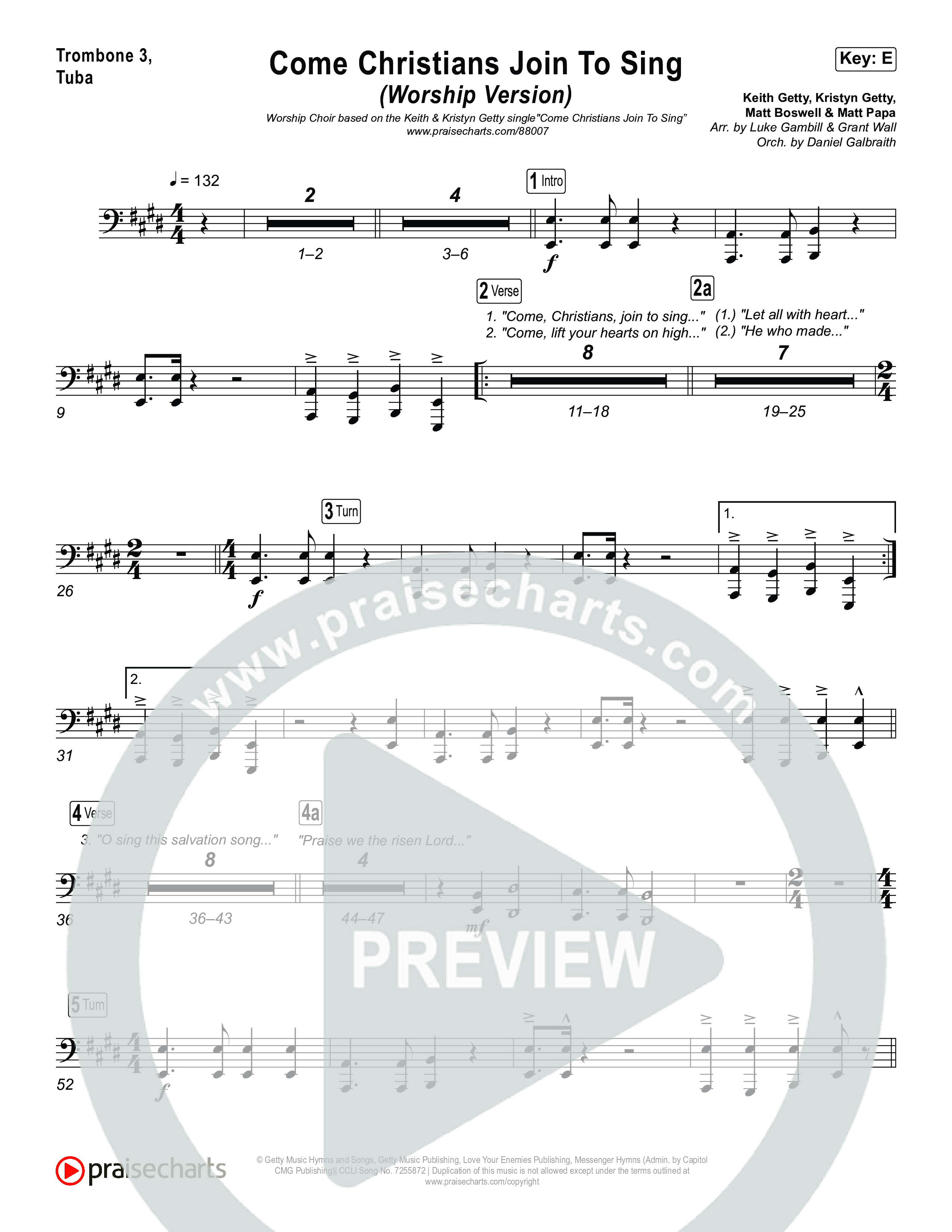 Come Christians Join To Sing (Worship Choir/SAB) Trombone 3/Tuba (Matt Papa / Matt Boswell / Keith & Kristyn Getty / Sing! / Arr. Luke Gambill)