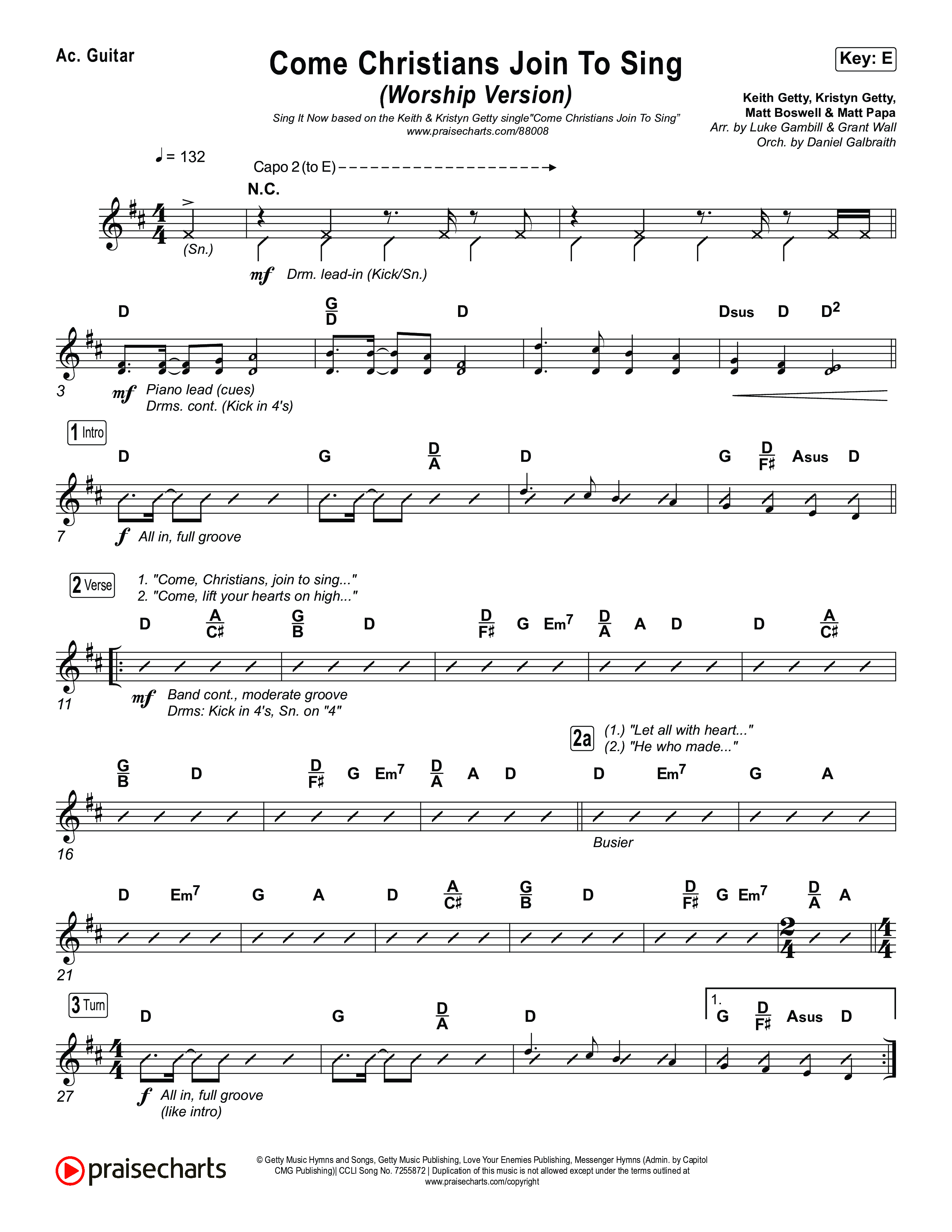 Come Christians Join To Sing (Unison/2-Part) Acoustic Guitar (Matt Papa / Matt Boswell / Keith & Kristyn Getty / Sing! / Arr. Luke Gambill)
