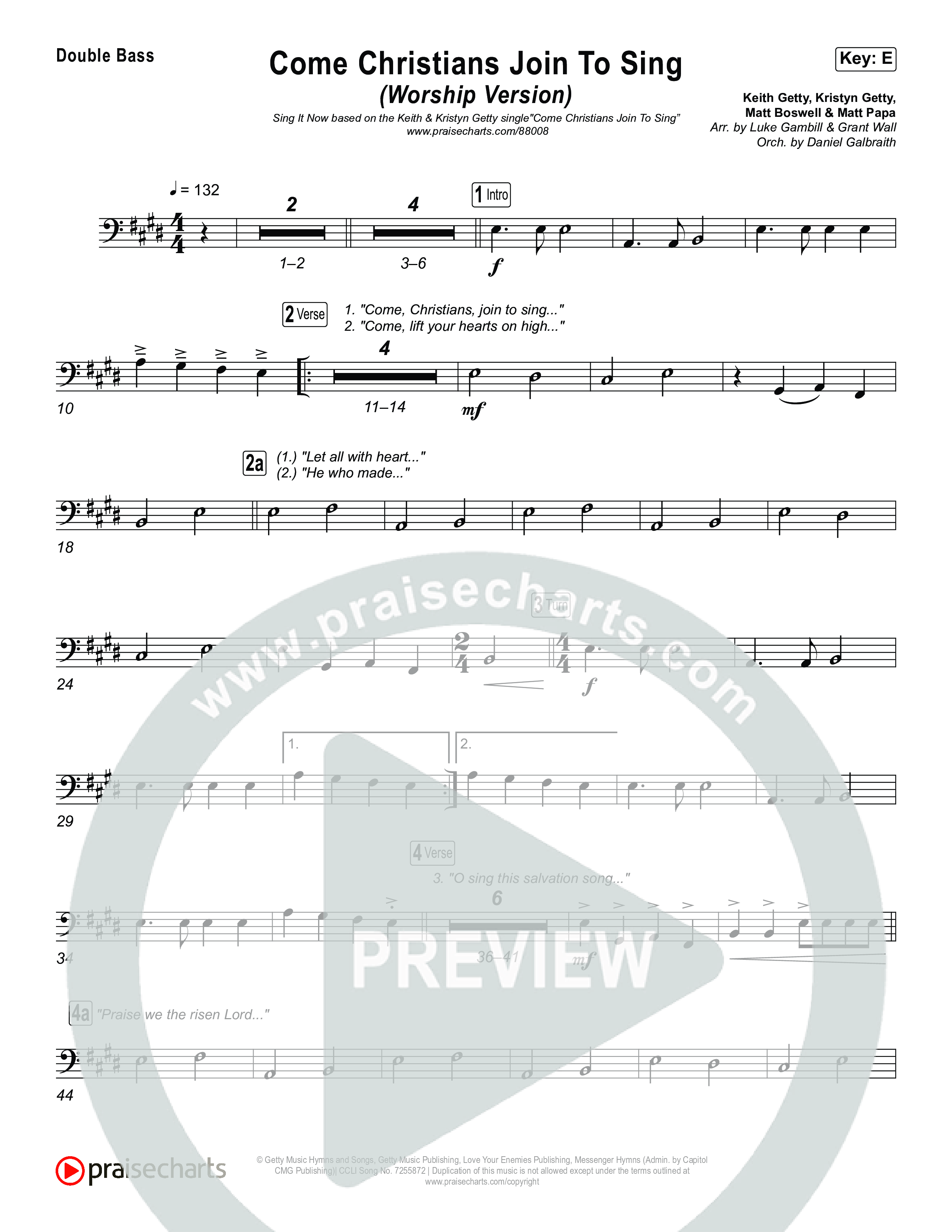 Come Christians Join To Sing (Unison/2-Part) Double Bass (Matt Papa / Matt Boswell / Keith & Kristyn Getty / Sing! / Arr. Luke Gambill)