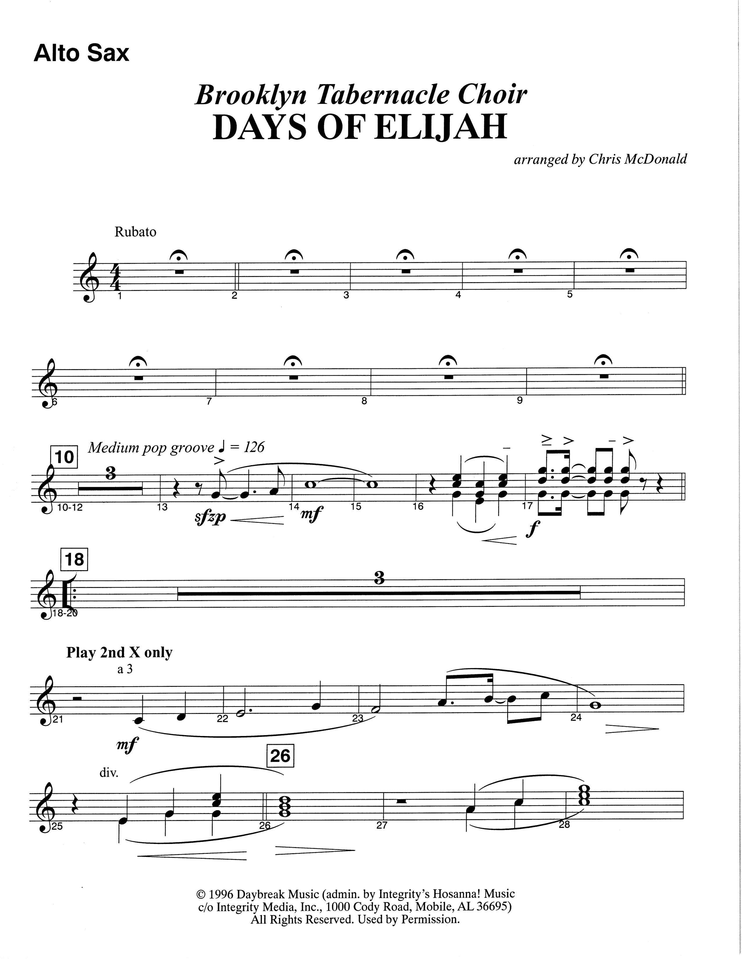 Days of Elijah (Choral Anthem SATB) Alto Sax (The Brooklyn Tabernacle Choir / Arr. Carol Cymbala)