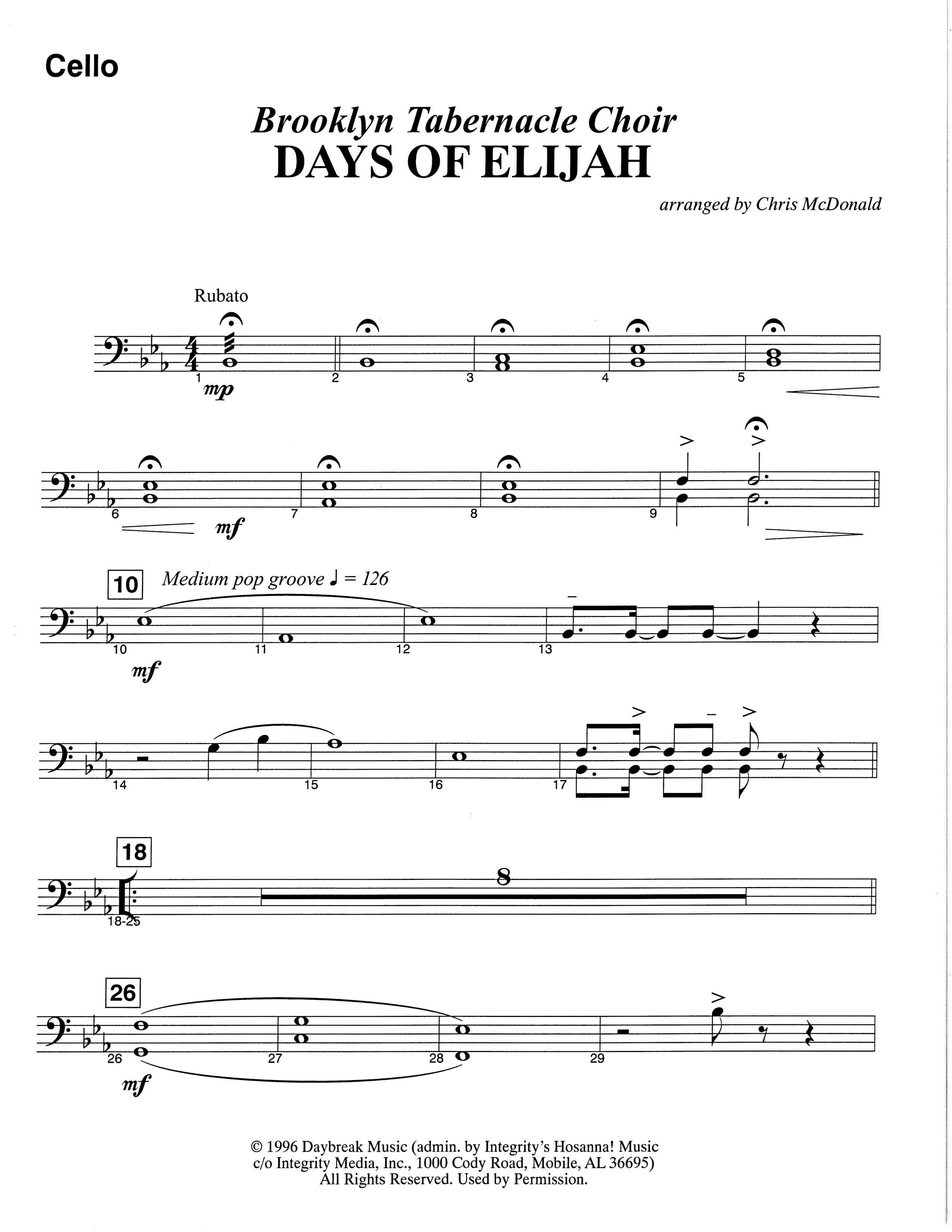 Days of Elijah (Choral Anthem SATB) Cello (The Brooklyn Tabernacle Choir / Arr. Carol Cymbala)