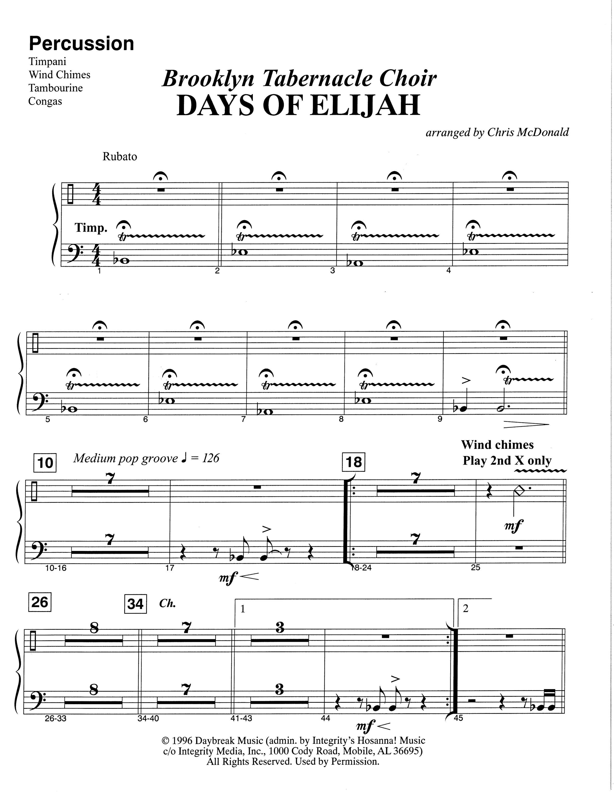 Days of Elijah (Choral Anthem SATB) Percussion (The Brooklyn Tabernacle Choir / Arr. Carol Cymbala)