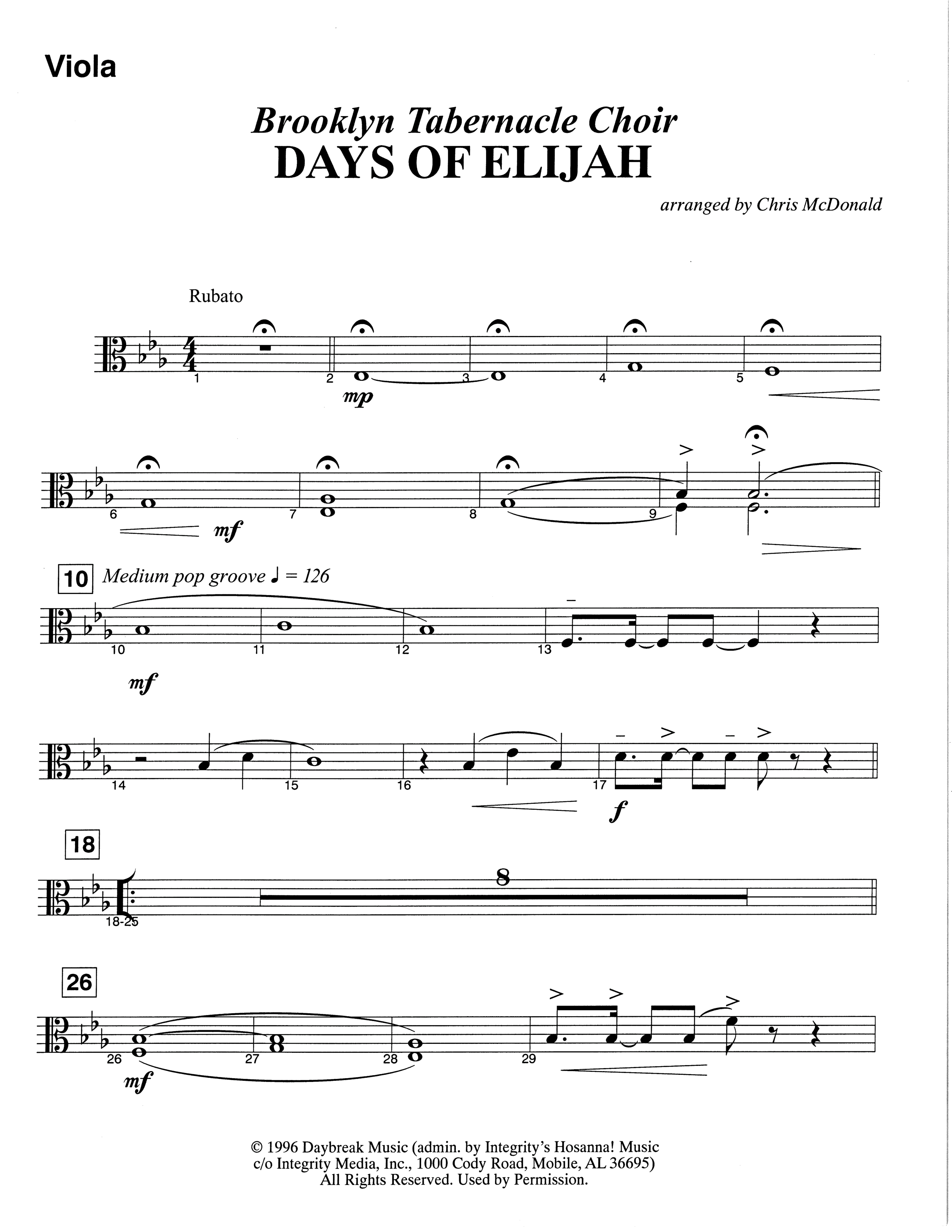 Days of Elijah (Choral Anthem SATB) Viola (The Brooklyn Tabernacle Choir / Arr. Carol Cymbala)