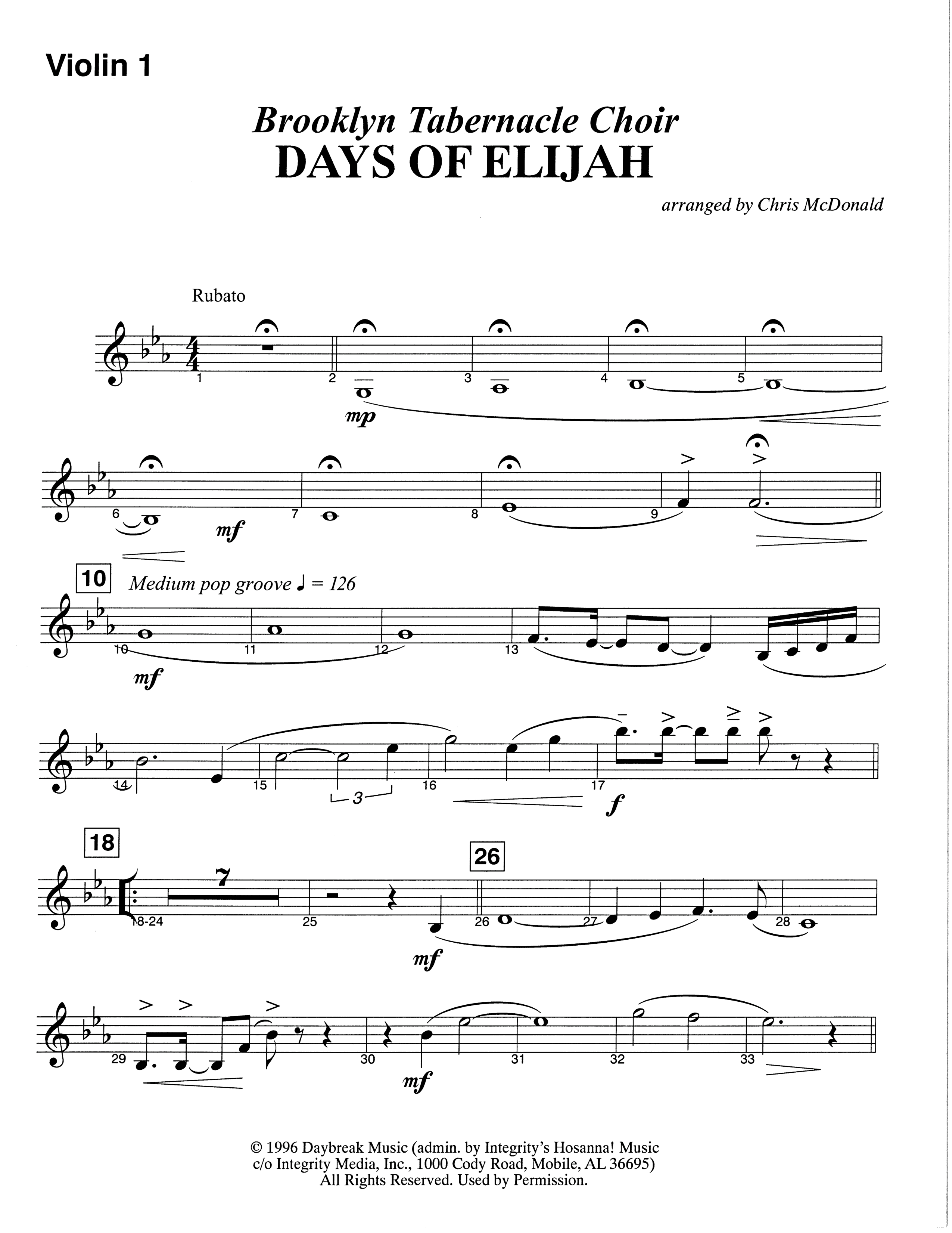 Days of Elijah (Choral Anthem SATB) Violin 1 (The Brooklyn Tabernacle Choir / Arr. Carol Cymbala)