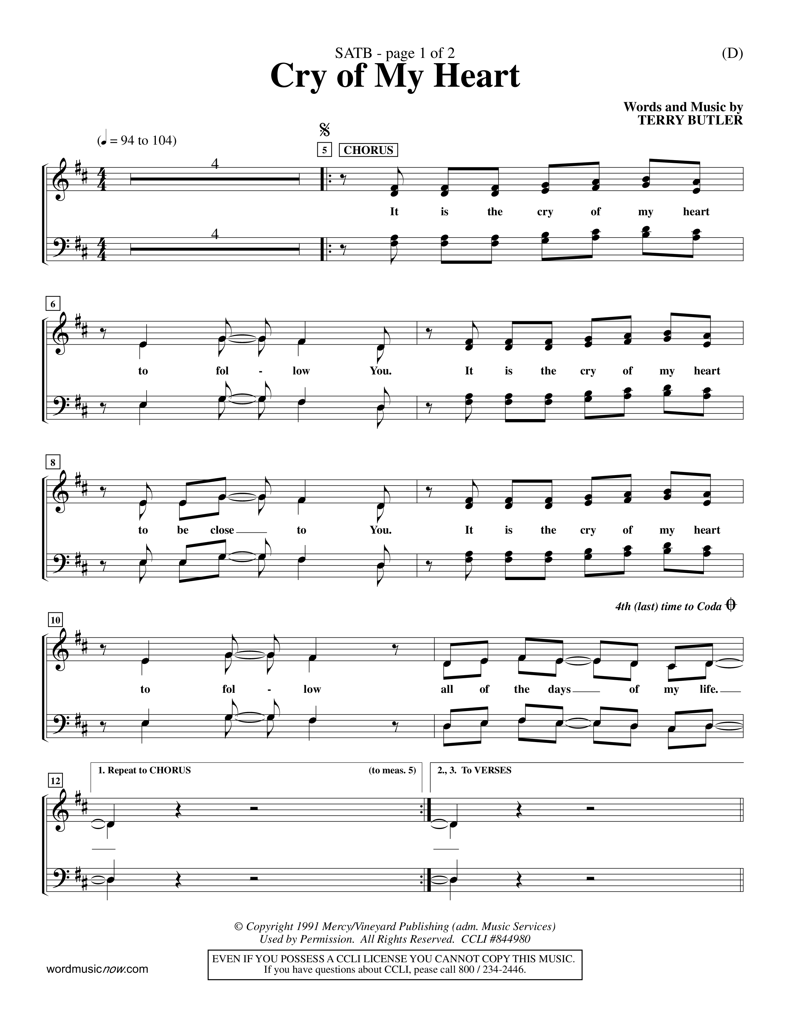 Cry of My Heart (Choral Anthem SATB) Choir Sheet (SATB) (Word Music Choral / Orch. Richard Kingsmore)