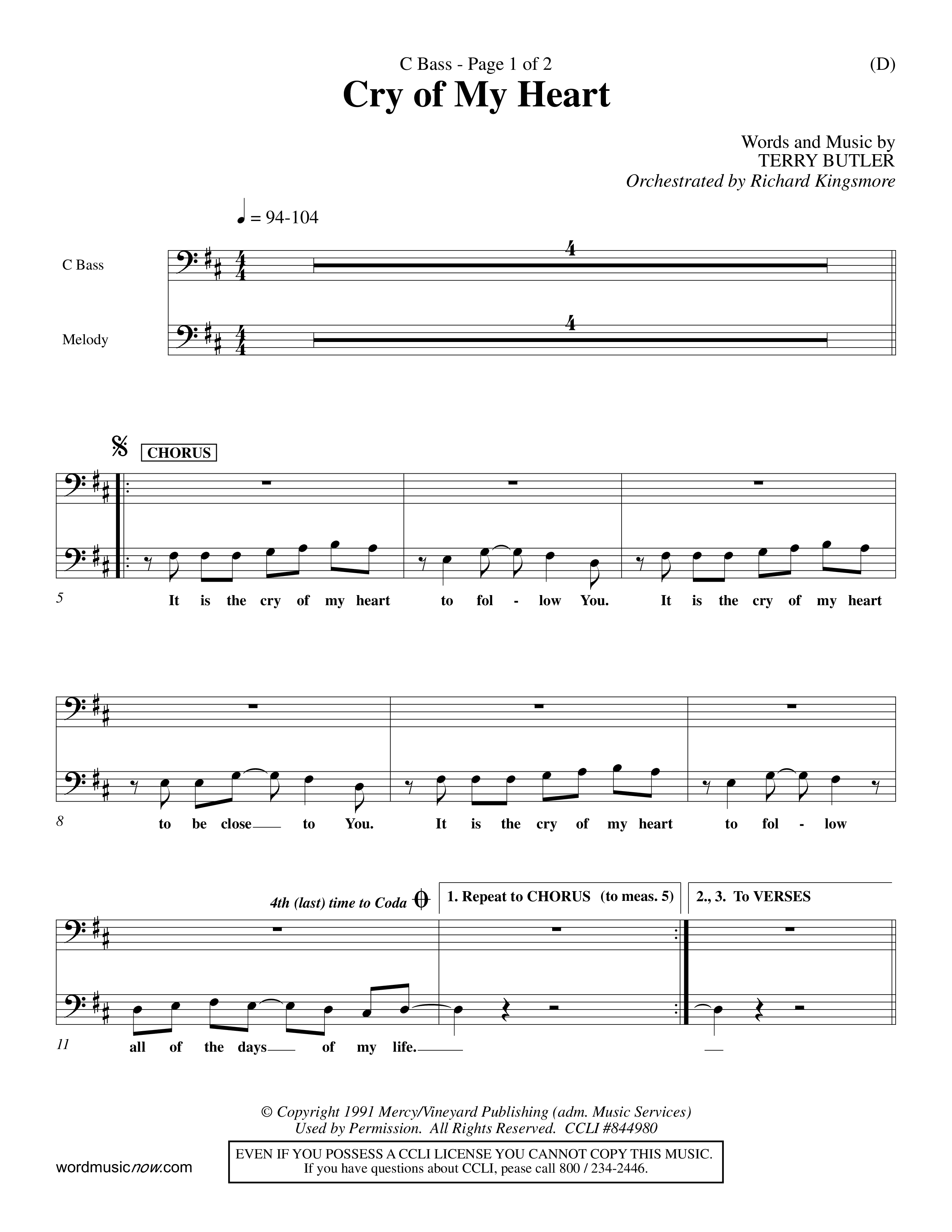 Cry of My Heart (Choral Anthem SATB) Contrabass (Word Music Choral / Orch. Richard Kingsmore)