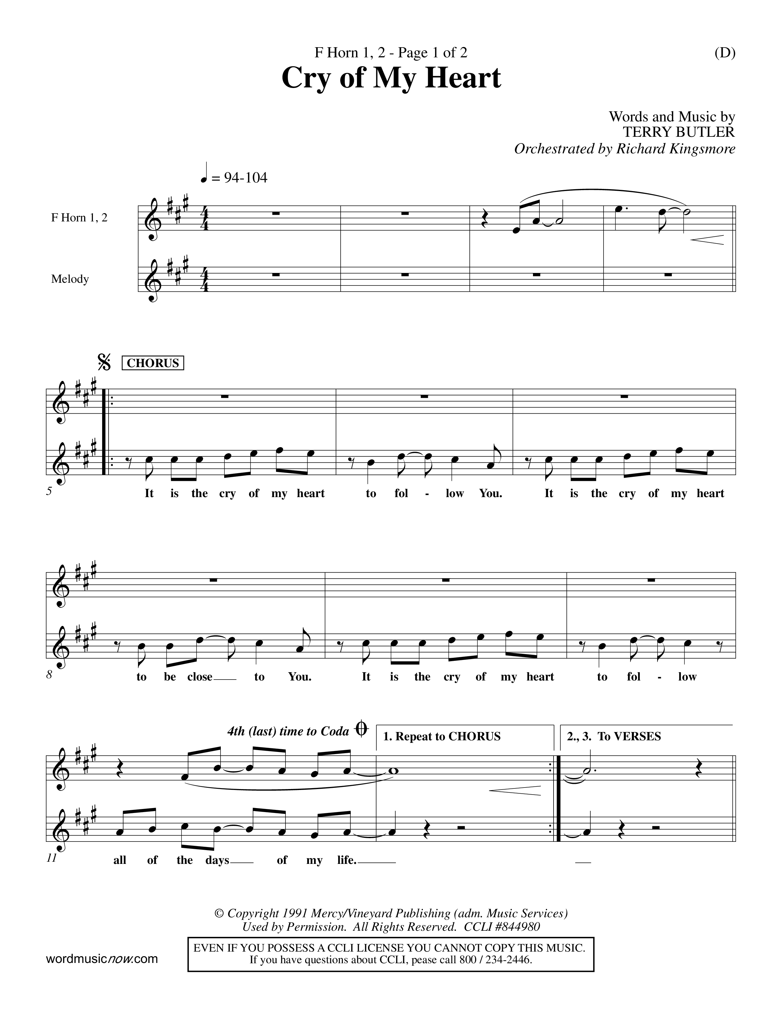 Cry of My Heart (Choral Anthem SATB) French Horn (Word Music Choral / Orch. Richard Kingsmore)