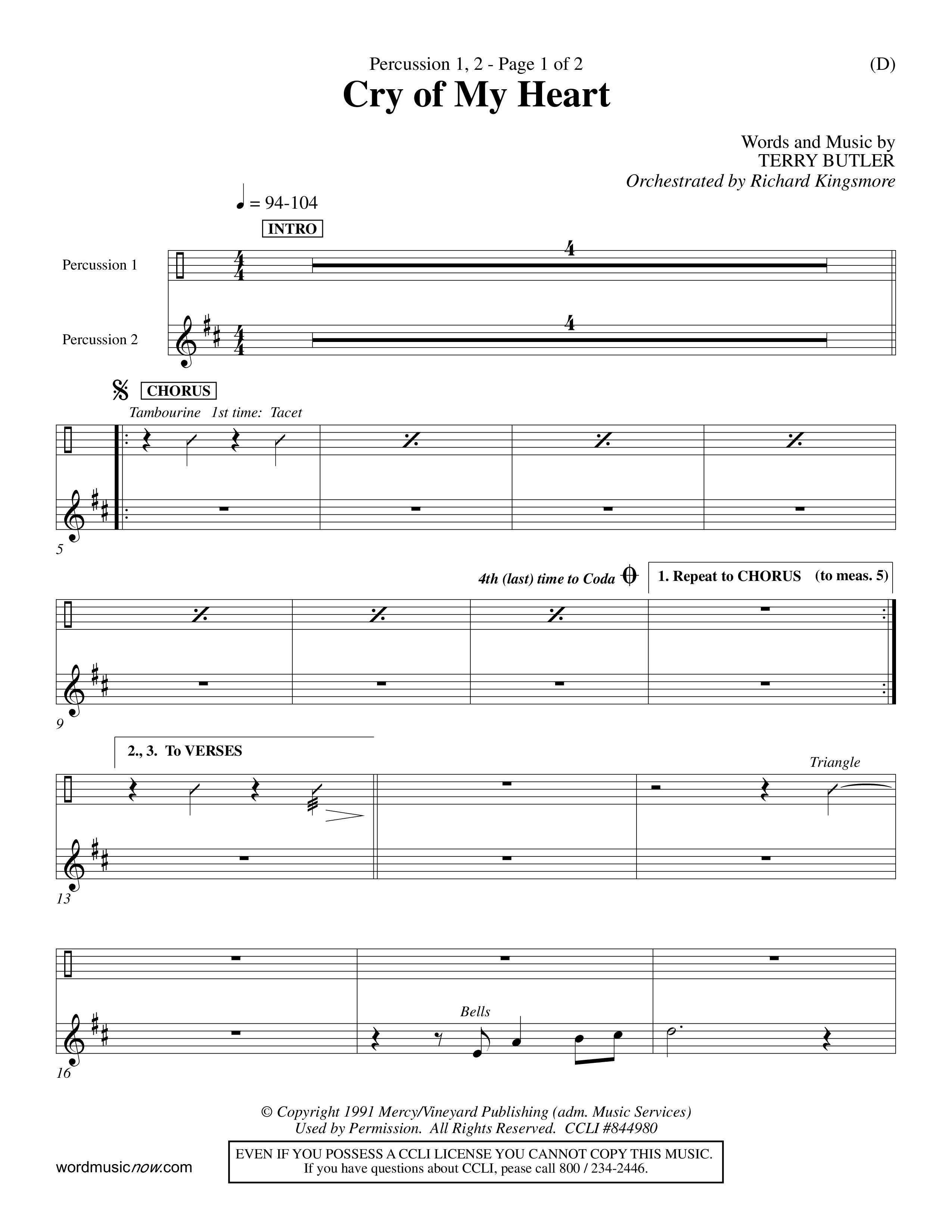 Cry of My Heart (Choral Anthem SATB) Percussion 1/2 (Word Music Choral / Orch. Richard Kingsmore)