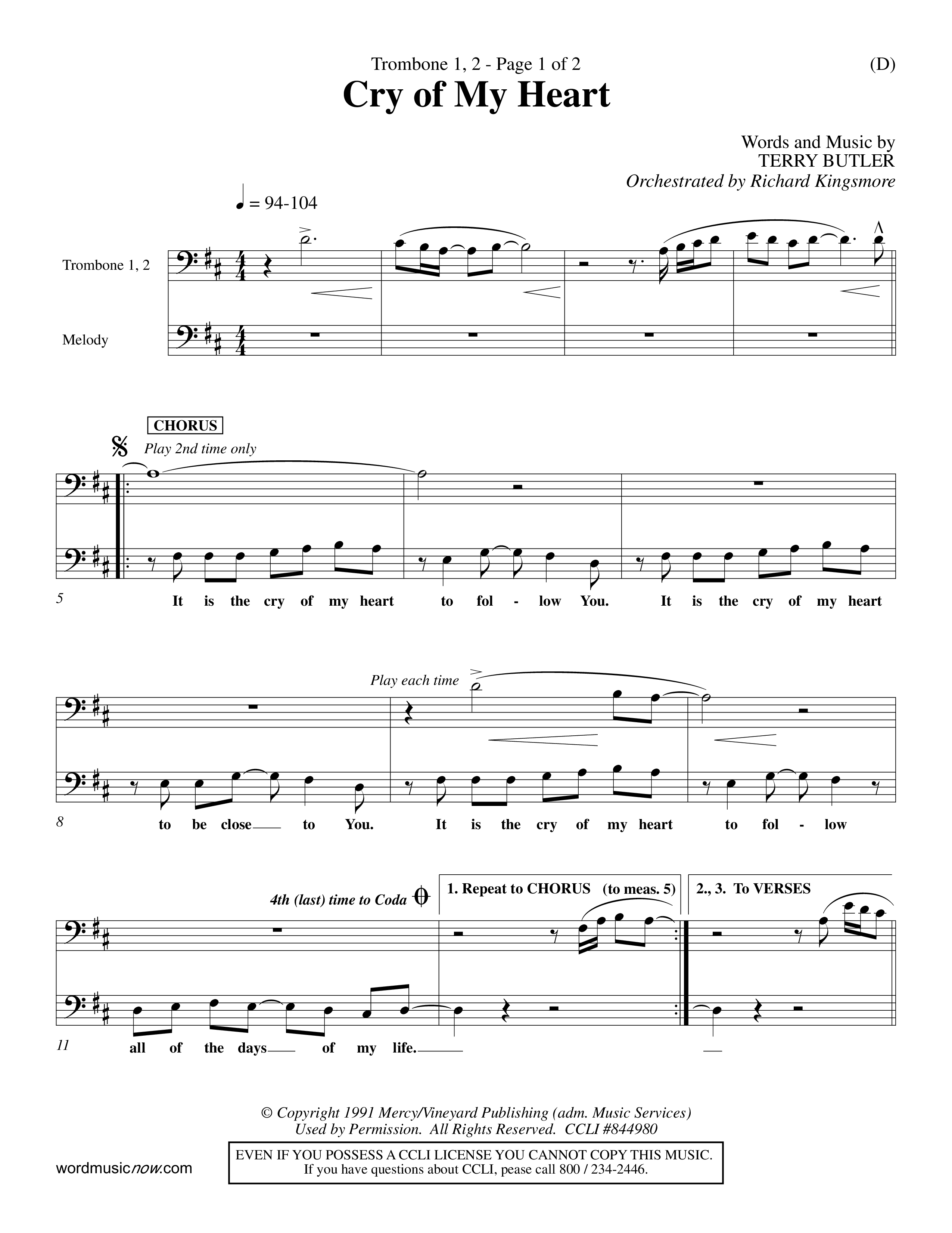 Cry of My Heart (Choral Anthem SATB) Trombone 1/2 (Word Music Choral / Orch. Richard Kingsmore)