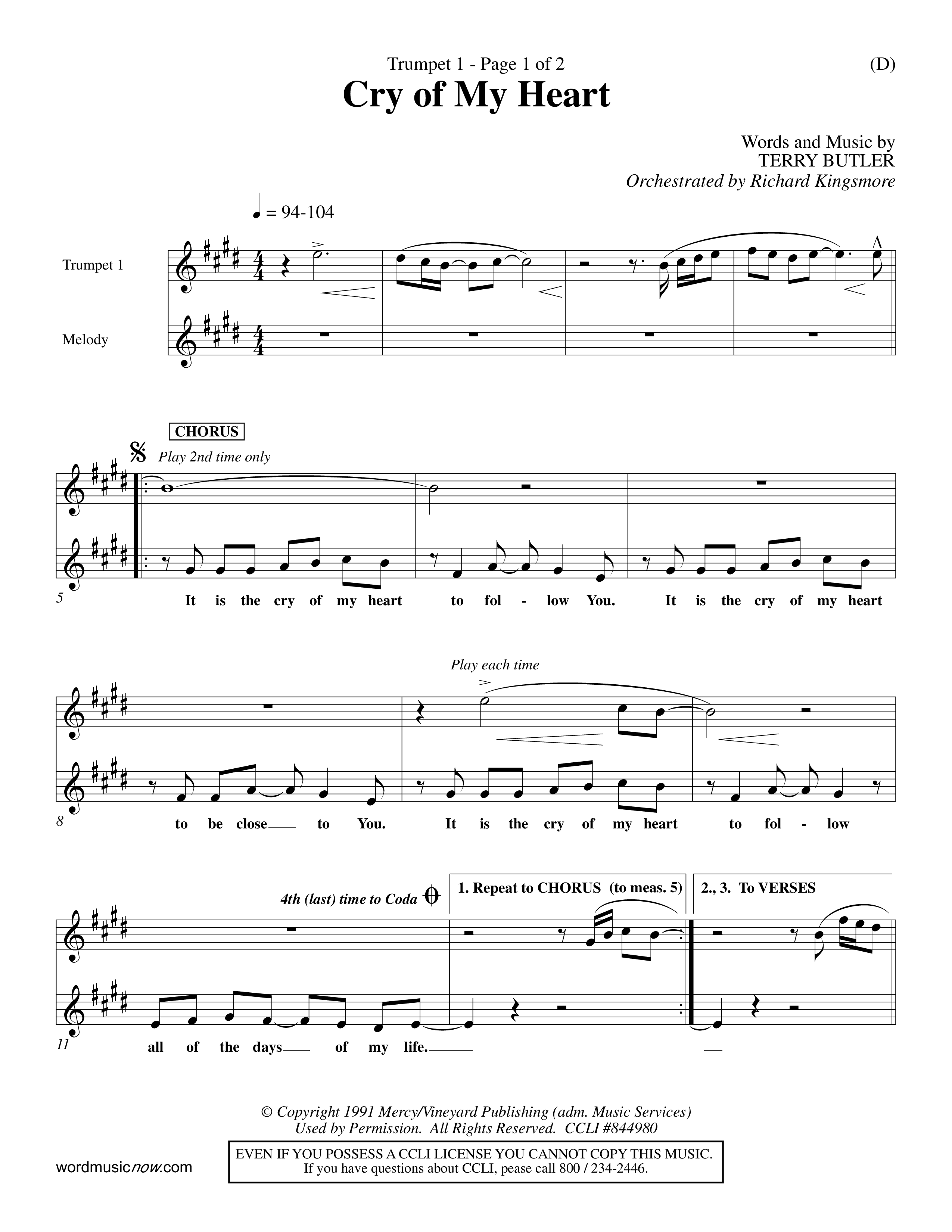 Cry of My Heart (Choral Anthem SATB) Trumpet 1 (Word Music Choral / Orch. Richard Kingsmore)