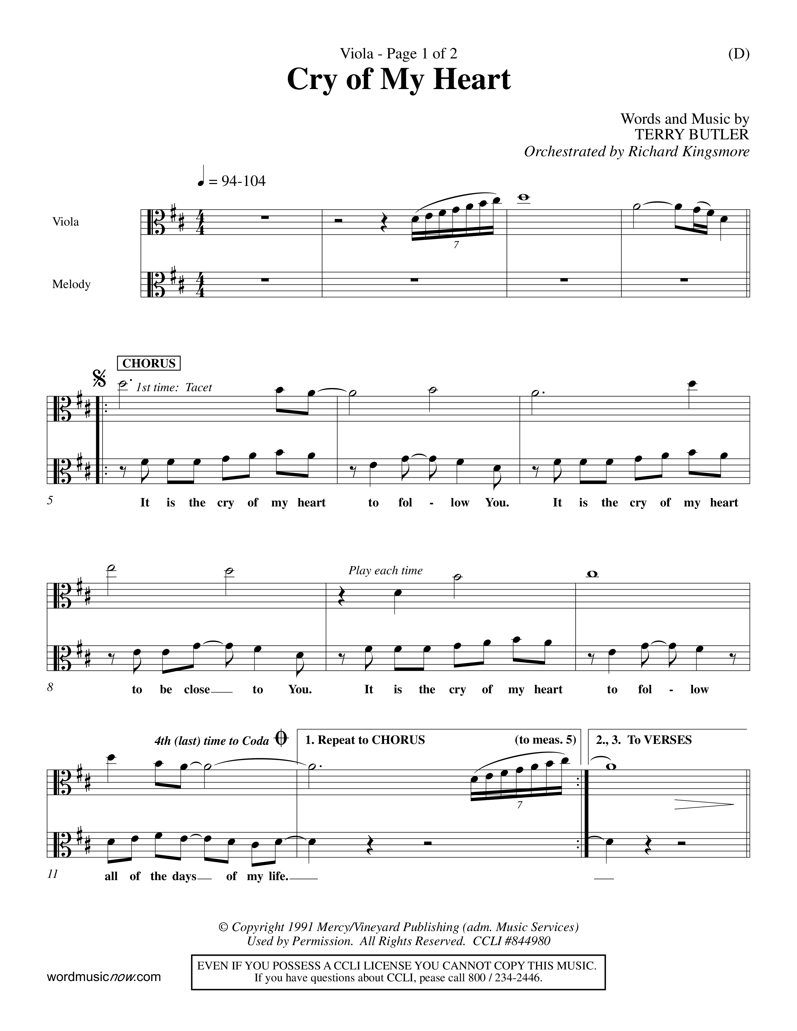 Cry of My Heart (Choral Anthem SATB) Viola (Word Music Choral / Orch. Richard Kingsmore)