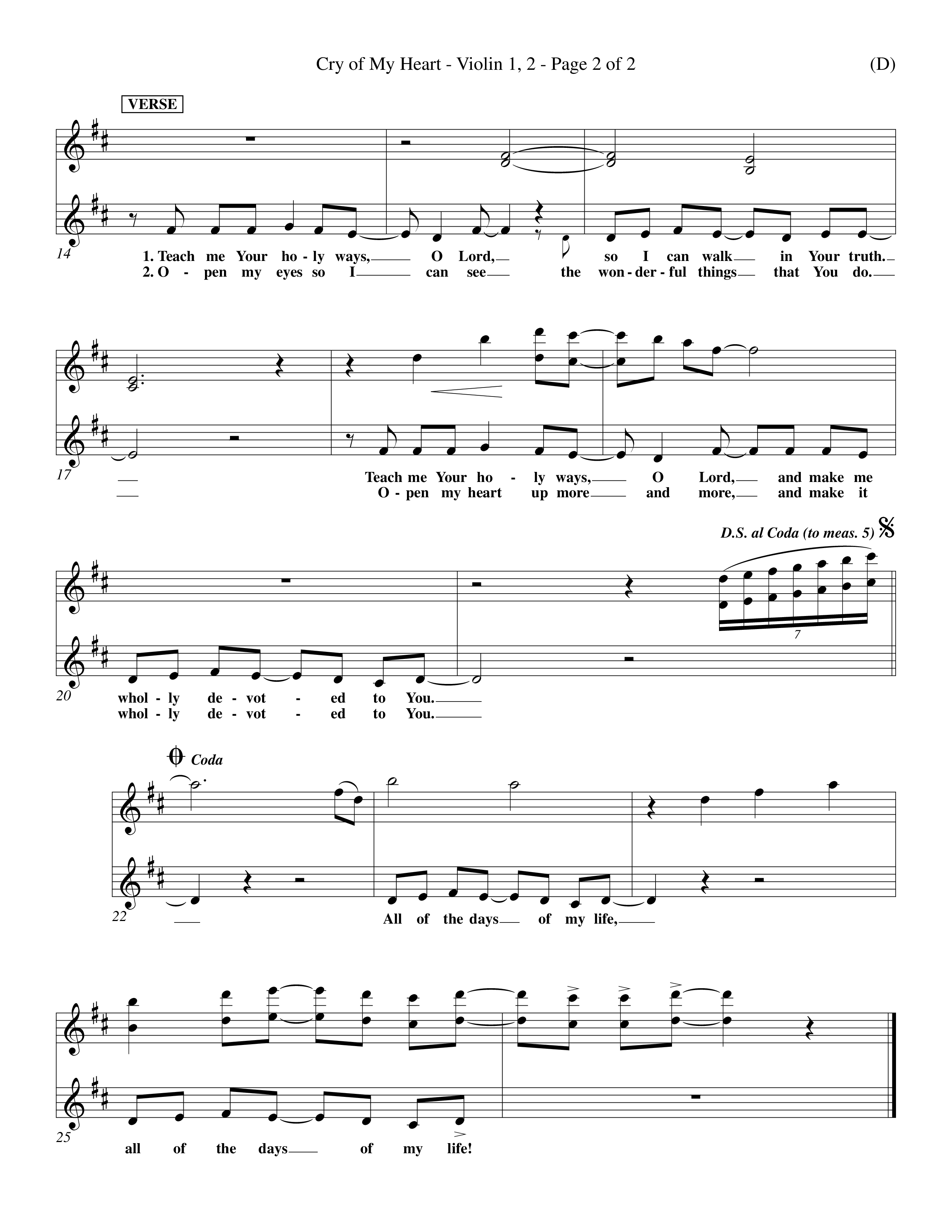 Cry of My Heart (Choral Anthem SATB) Violin 1/2 (Word Music Choral / Orch. Richard Kingsmore)