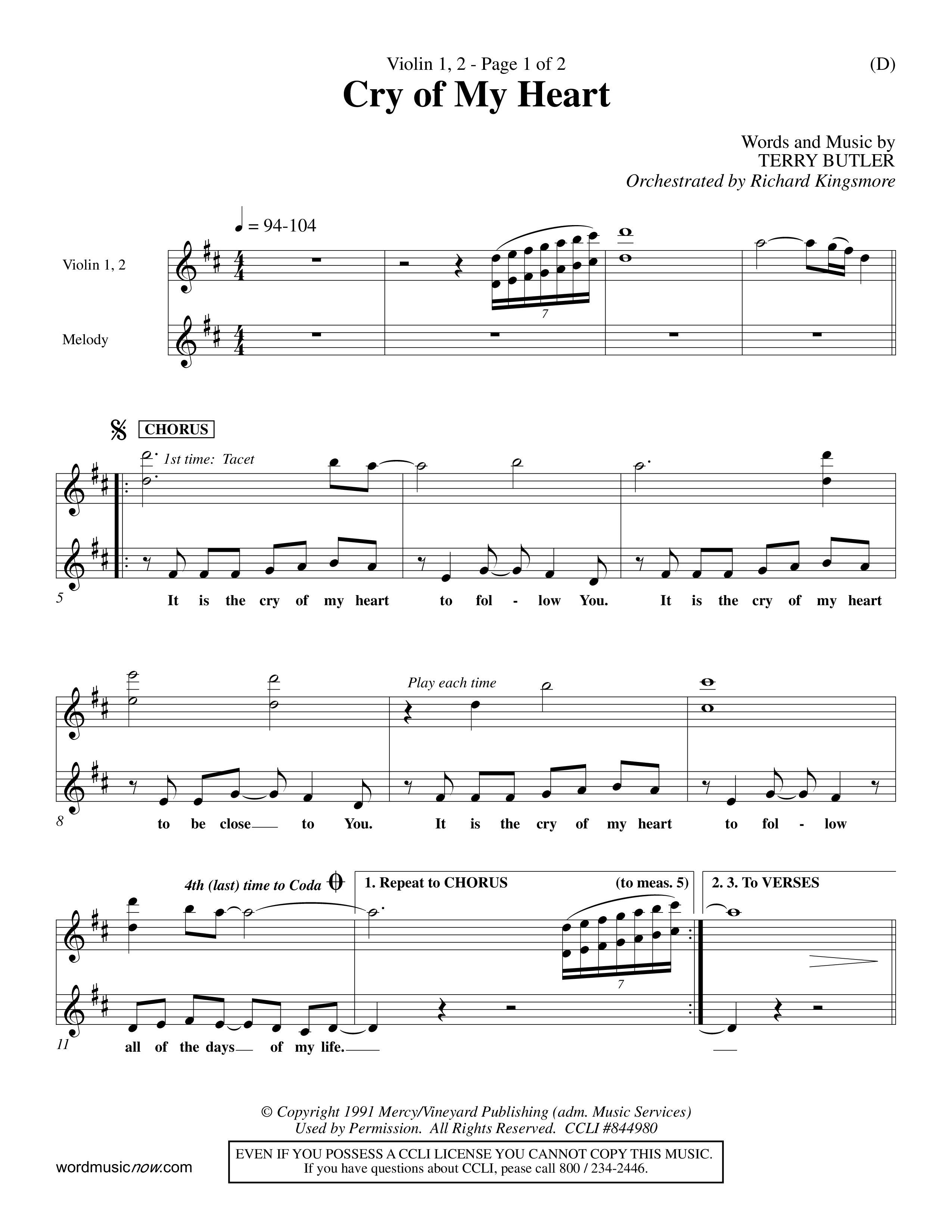 Cry of My Heart (Choral Anthem SATB) Violin 1/2 (Word Music Choral / Orch. Richard Kingsmore)