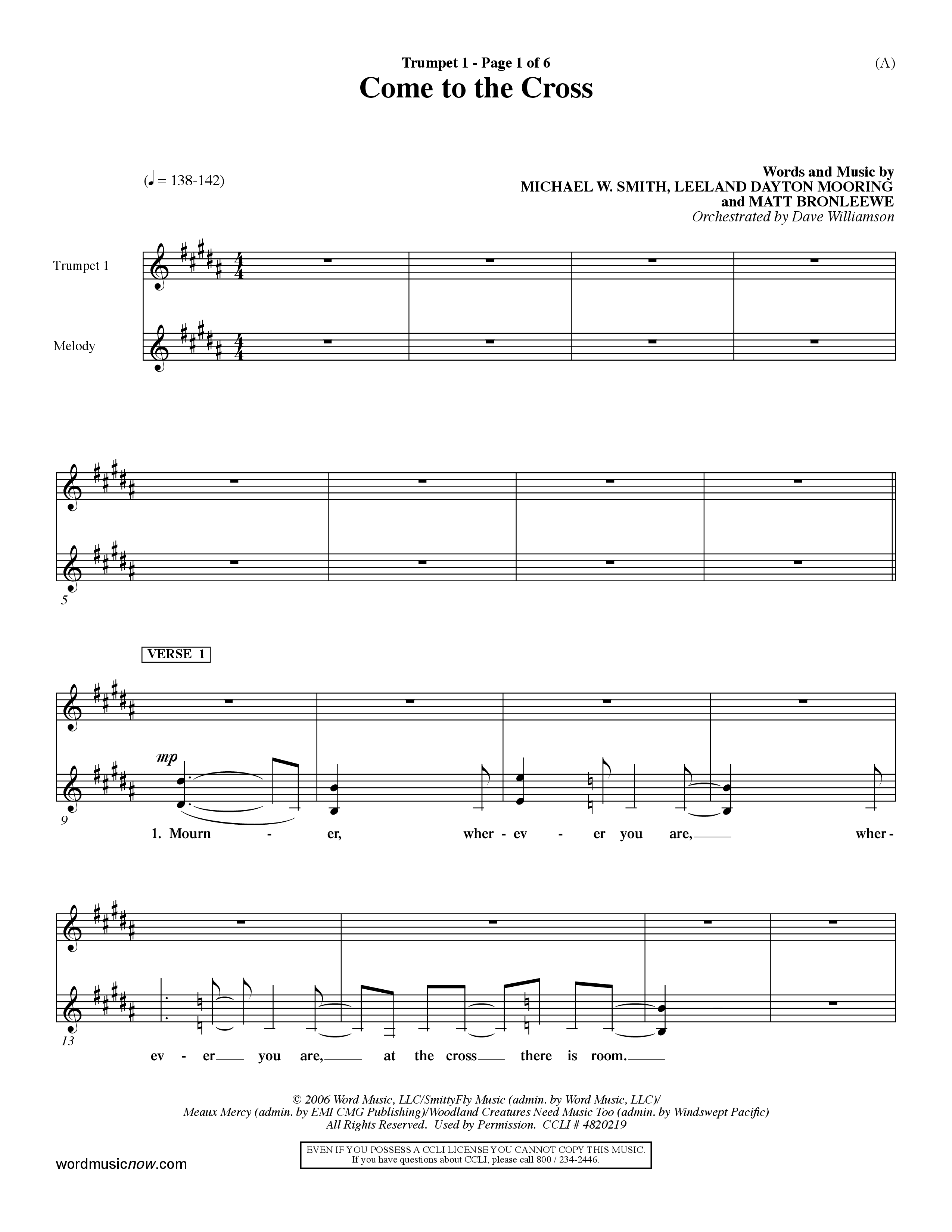 Come To The Cross (Choral Anthem SATB) Trumpet 1 (Word Music Choral / Orch. Dave Williamson)