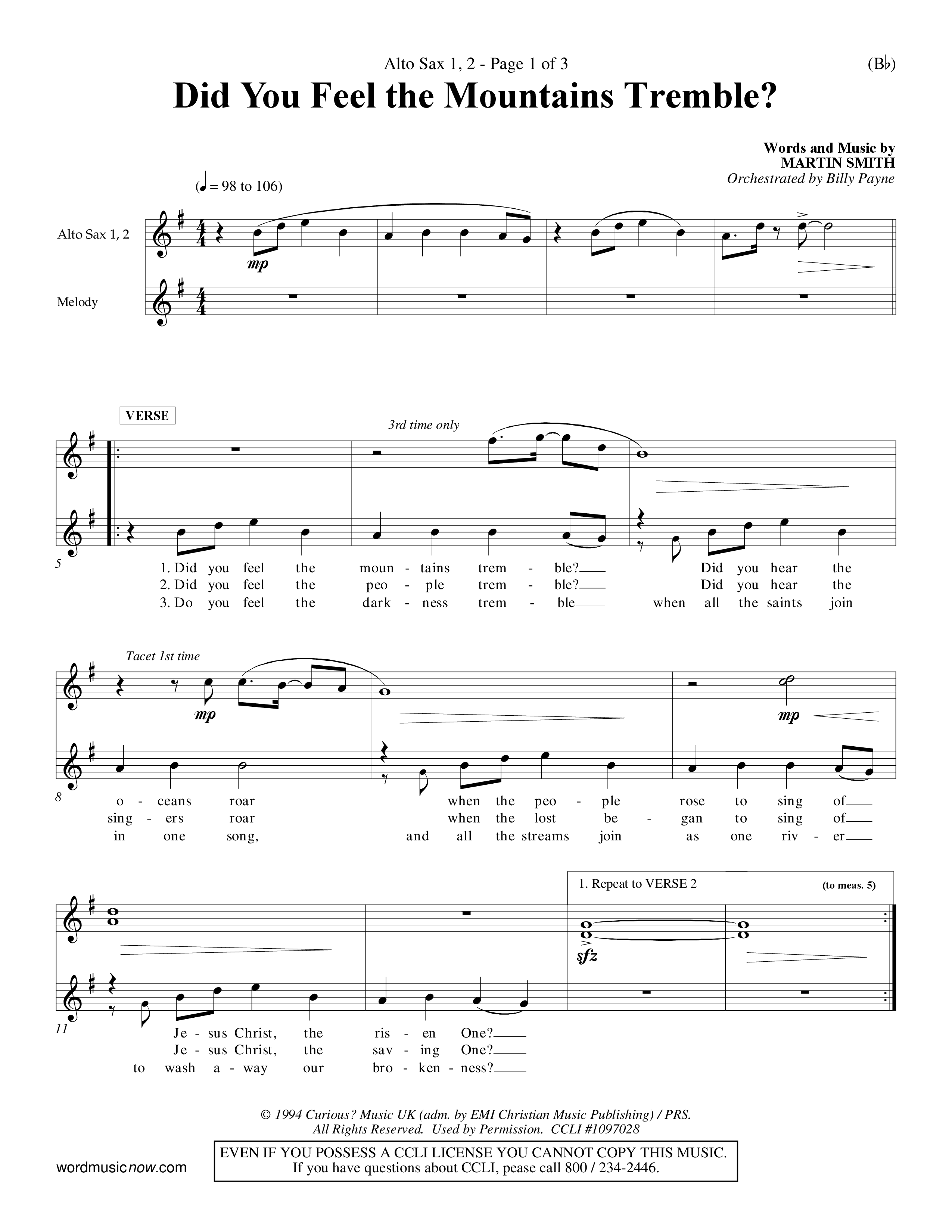 Did You Feel the Mountains Tremble (Choral Anthem SATB) Alto Sax 1/2 (Word Music Choral / Orch. Billy Payne)