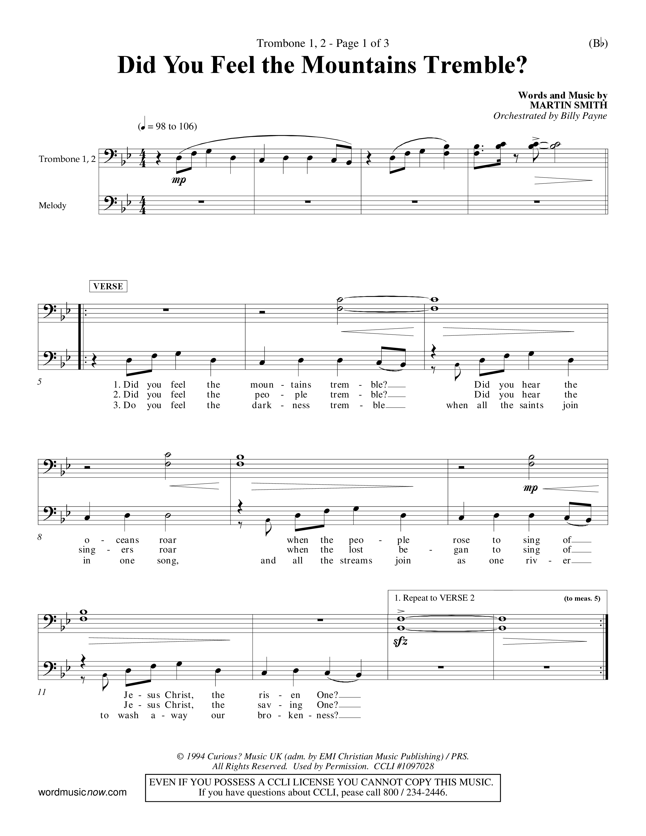 Did You Feel the Mountains Tremble (Choral Anthem SATB) Trombone 1/2 (Word Music Choral / Orch. Billy Payne)
