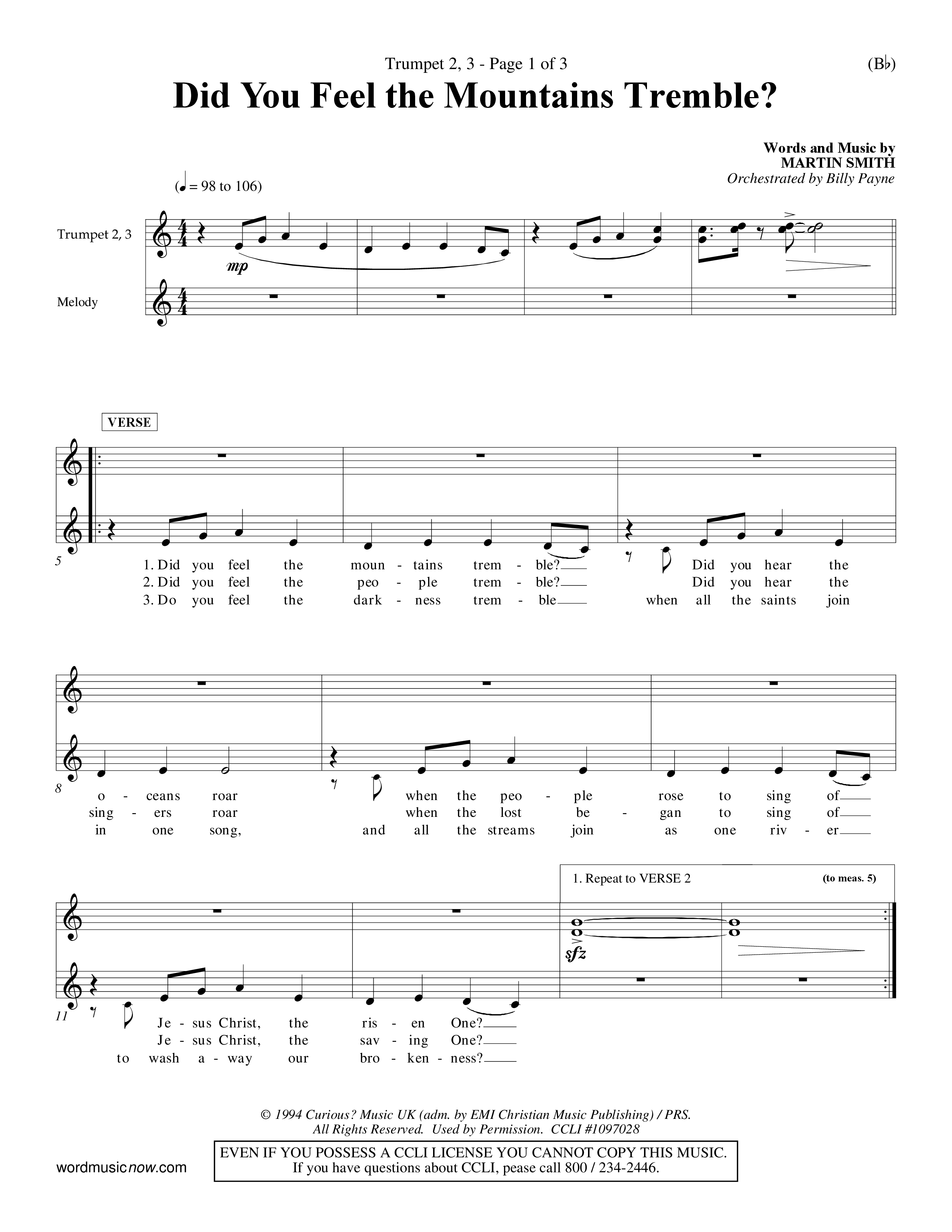 Did You Feel the Mountains Tremble (Choral Anthem SATB) Trumpet 2/3 (Word Music Choral / Orch. Billy Payne)