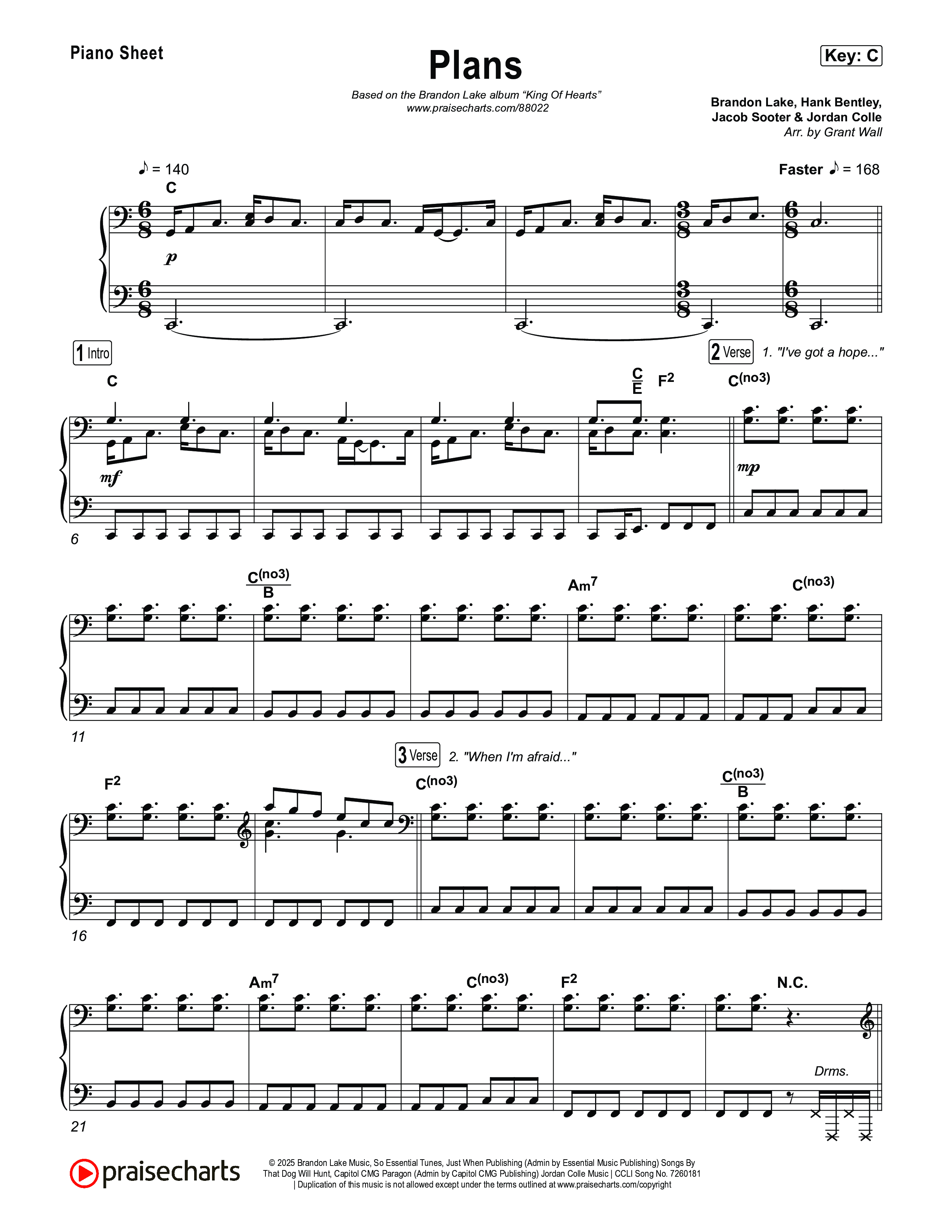 Plans Piano Sheet (Brandon Lake)