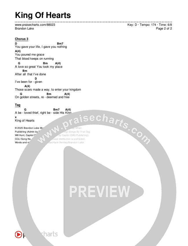 King Of Hearts Chords & Lyrics (Brandon Lake)