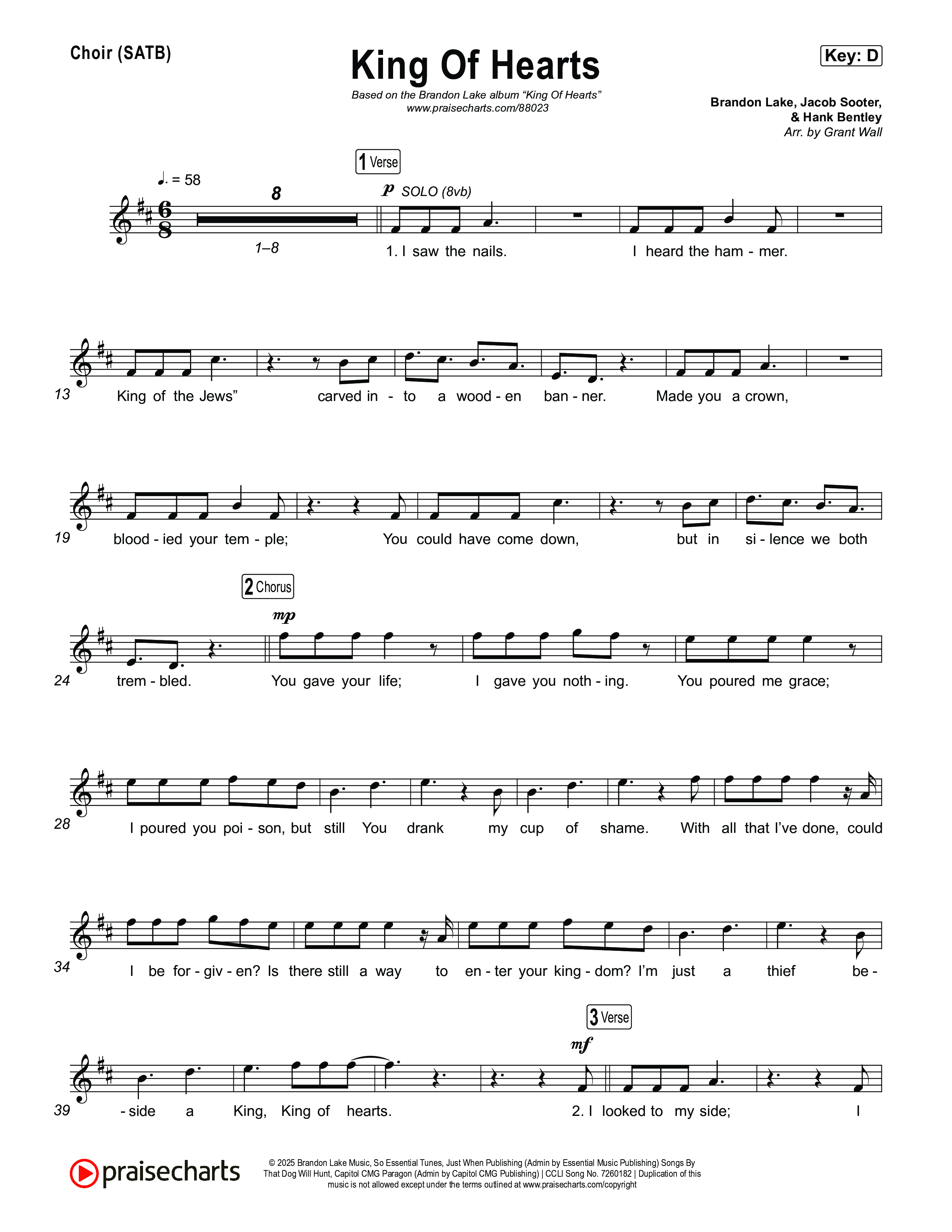 King Of Hearts Choir Sheet (SATB) (Brandon Lake)