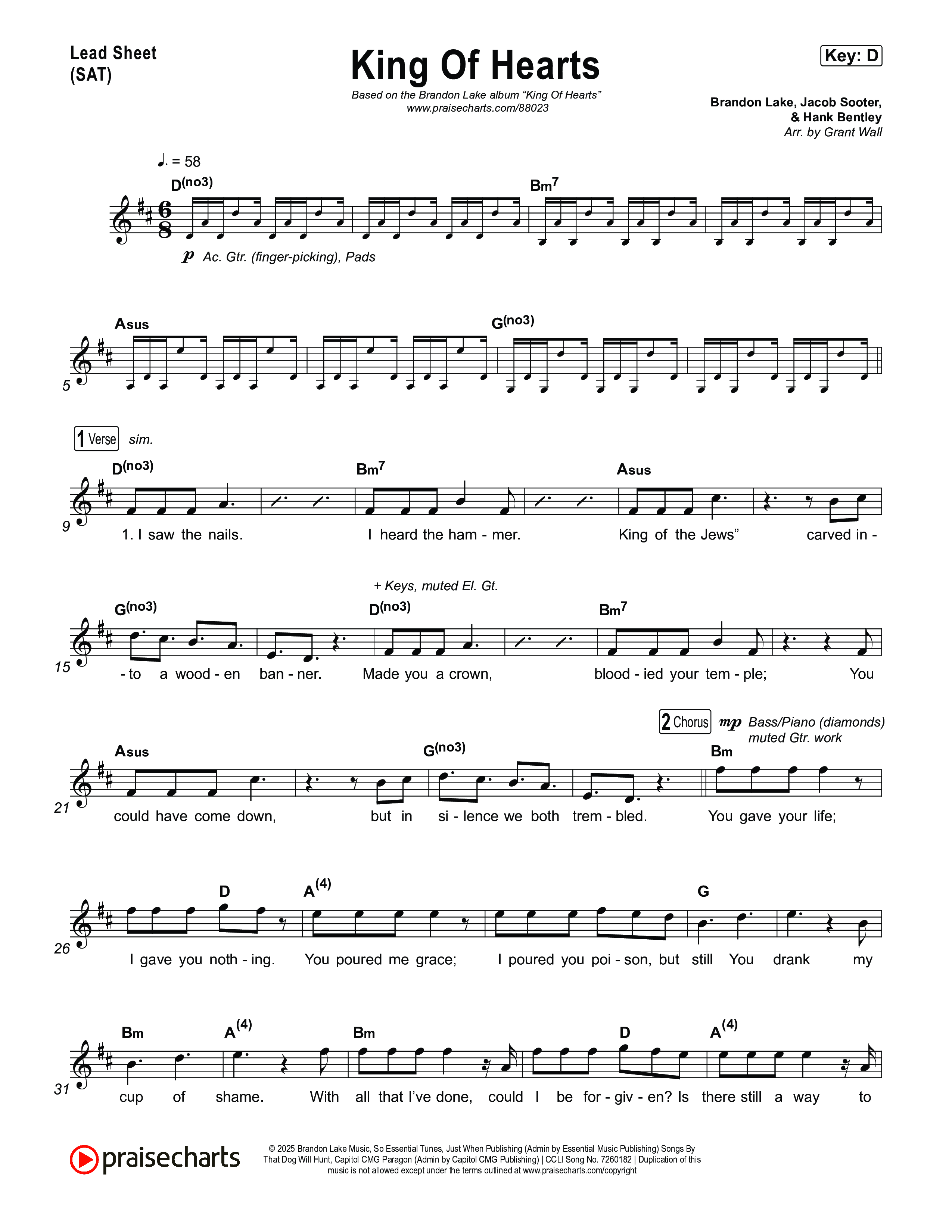 King Of Hearts Lead Sheet (SAT) (Brandon Lake)