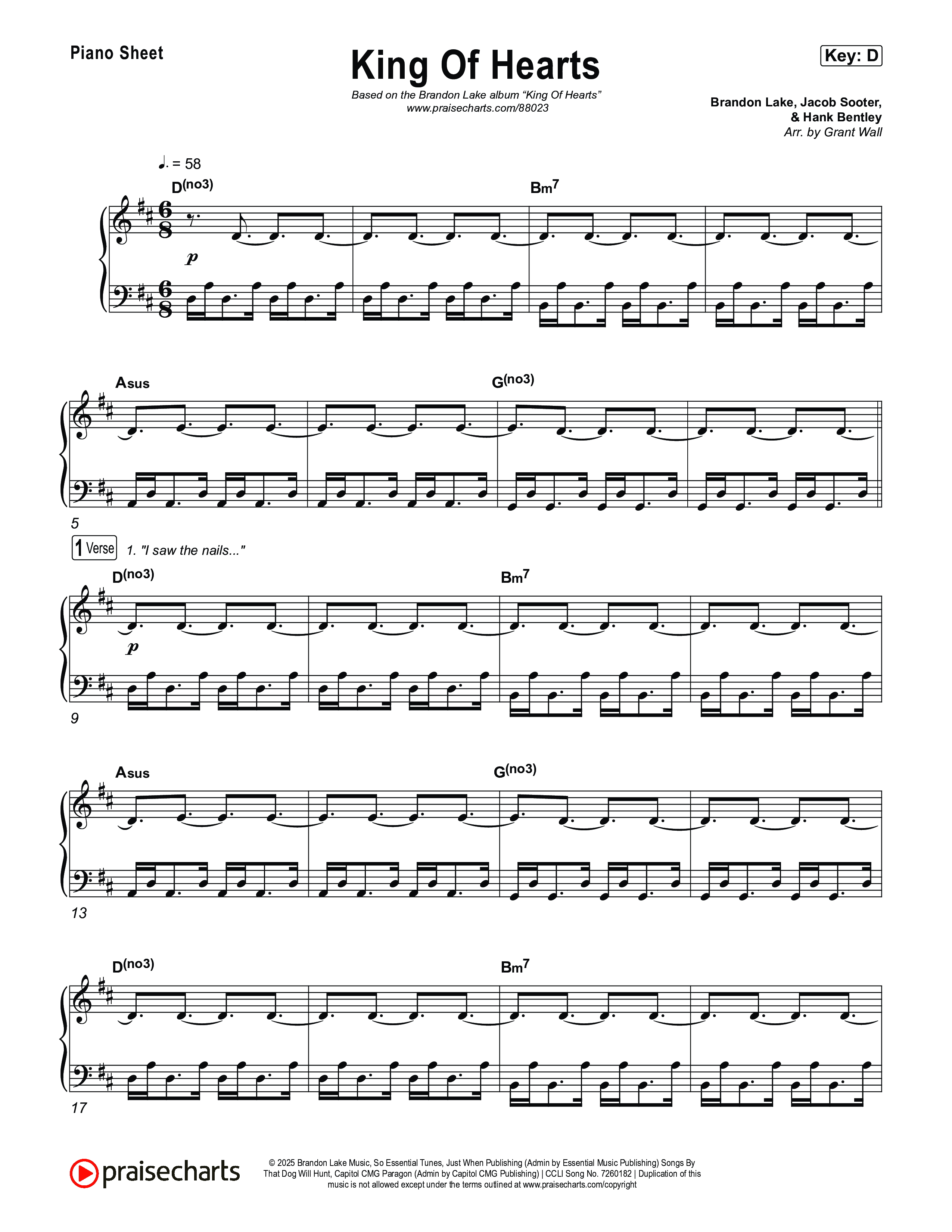 King Of Hearts Piano Sheet (Brandon Lake)