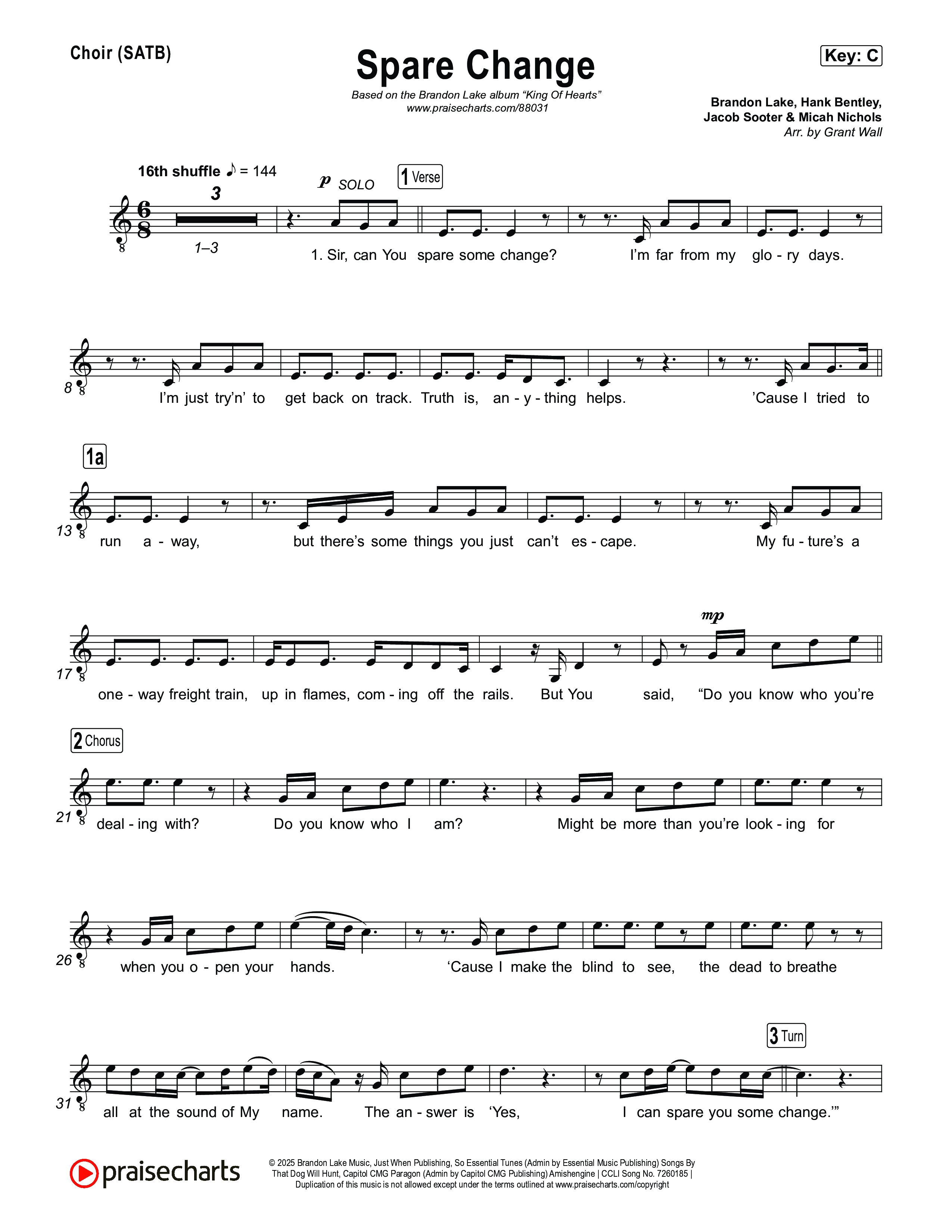 Spare Change Choir Sheet (SATB) (Brandon Lake)