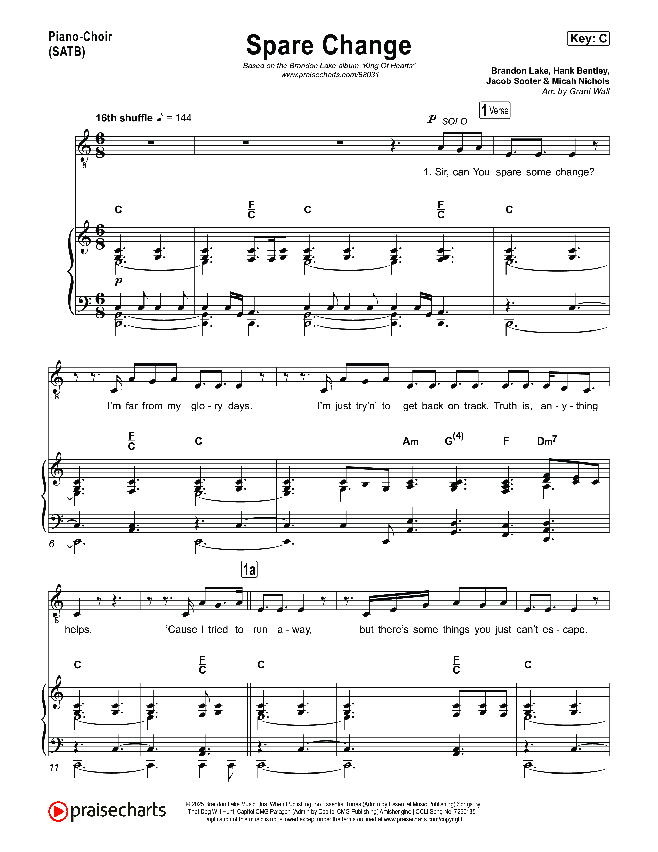 Spare Change Piano/Vocal Pack (Brandon Lake)