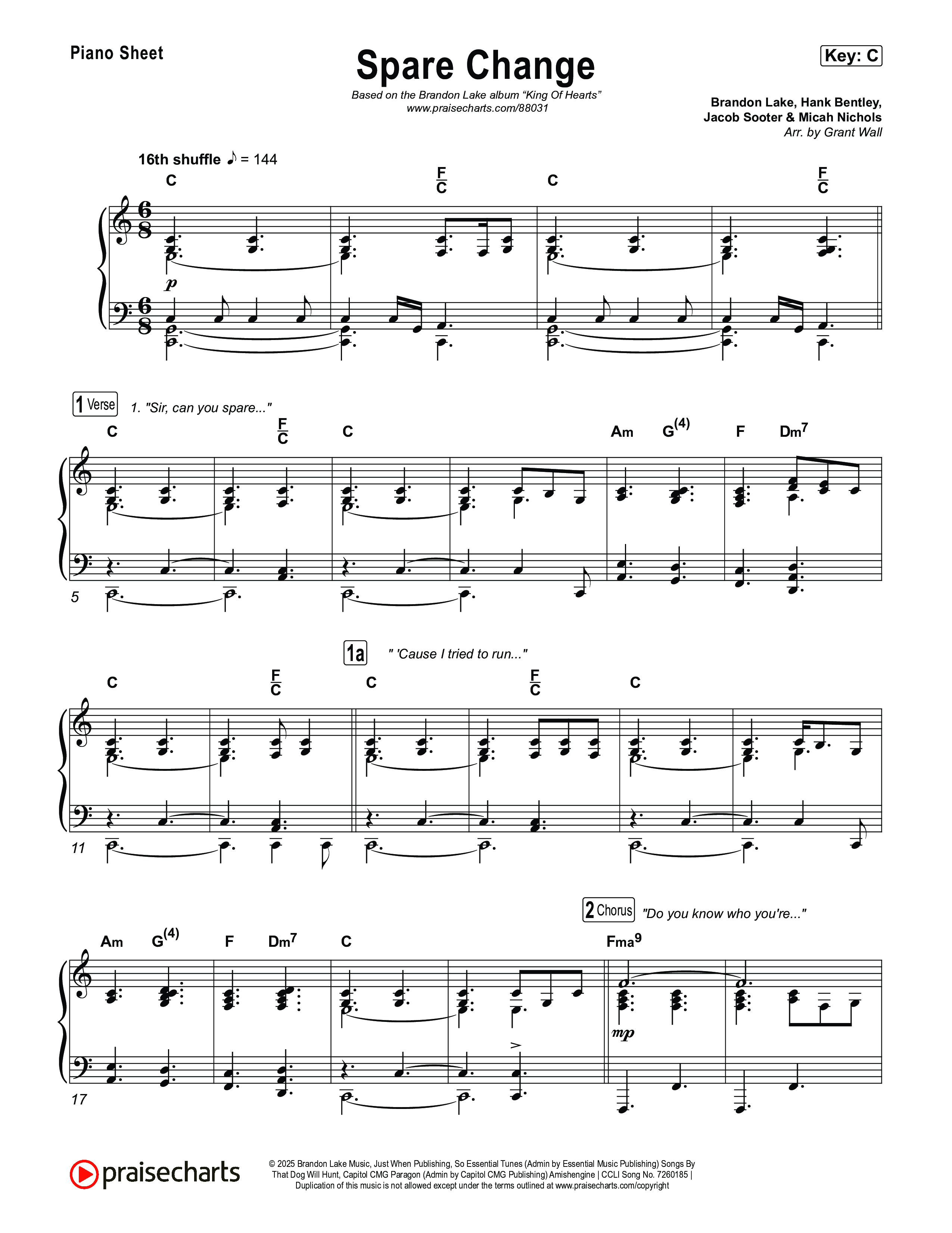 Spare Change Piano Sheet (Brandon Lake)