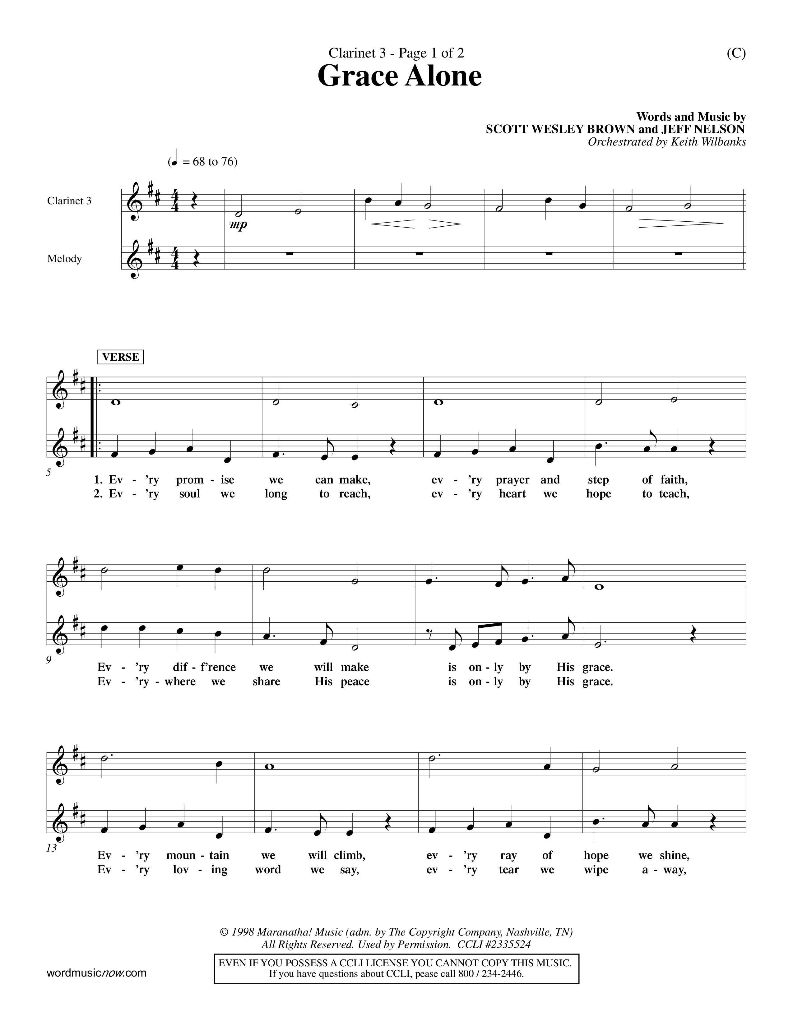 Grace Alone (Choral Anthem SATB) Clarinet 3 (Word Music Choral / Orch. Keith Wilbanks)