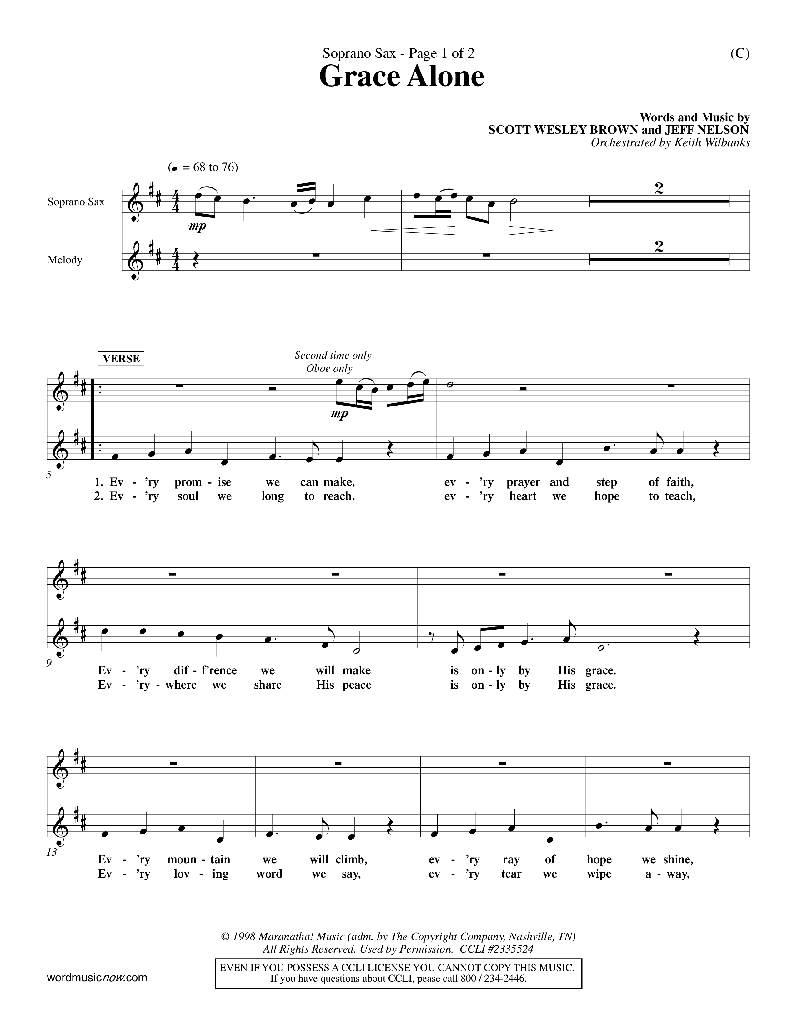 Grace Alone (Choral Anthem SATB) Saxophone (Word Music Choral / Orch. Keith Wilbanks)