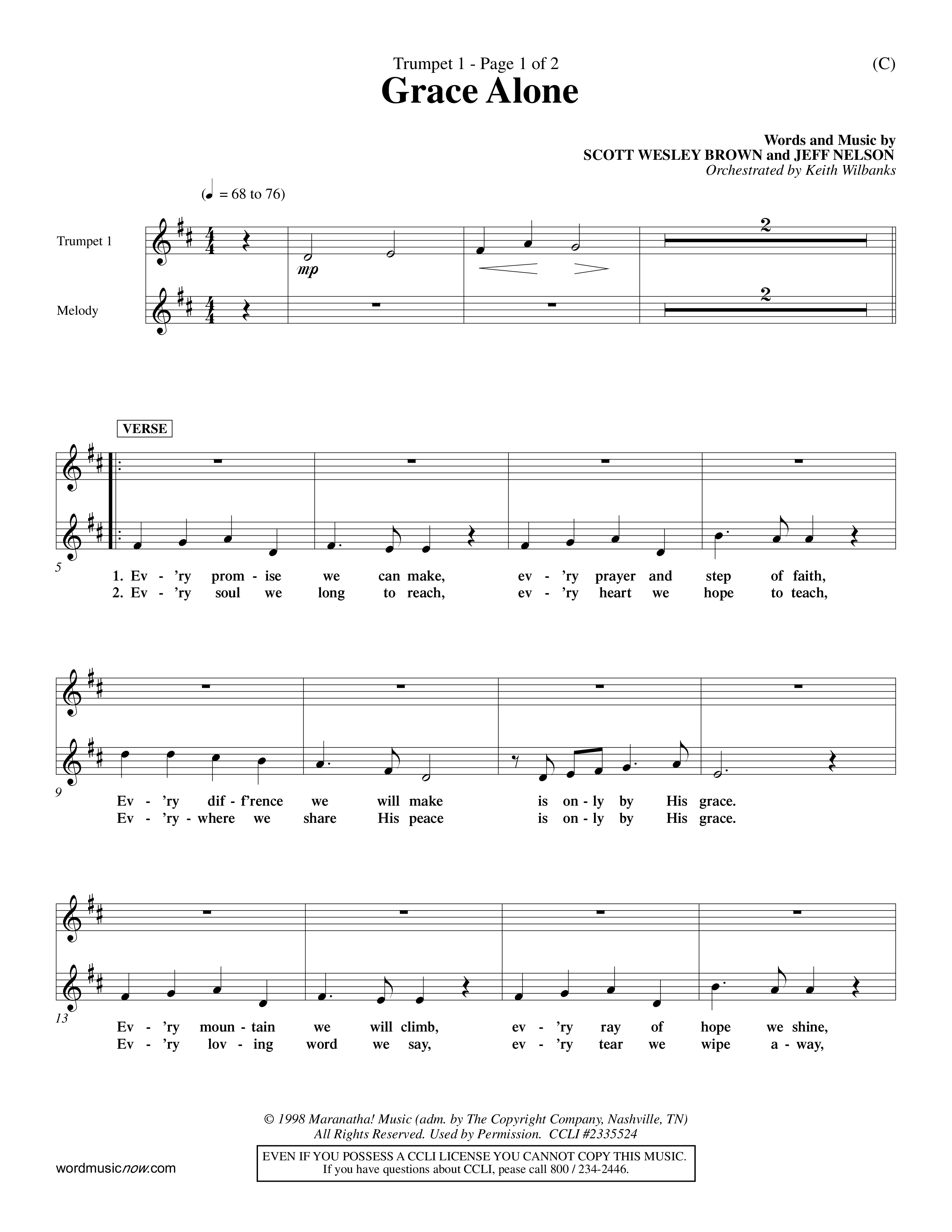 Grace Alone (Choral Anthem SATB) Trumpet 1 (Word Music Choral / Orch. Keith Wilbanks)