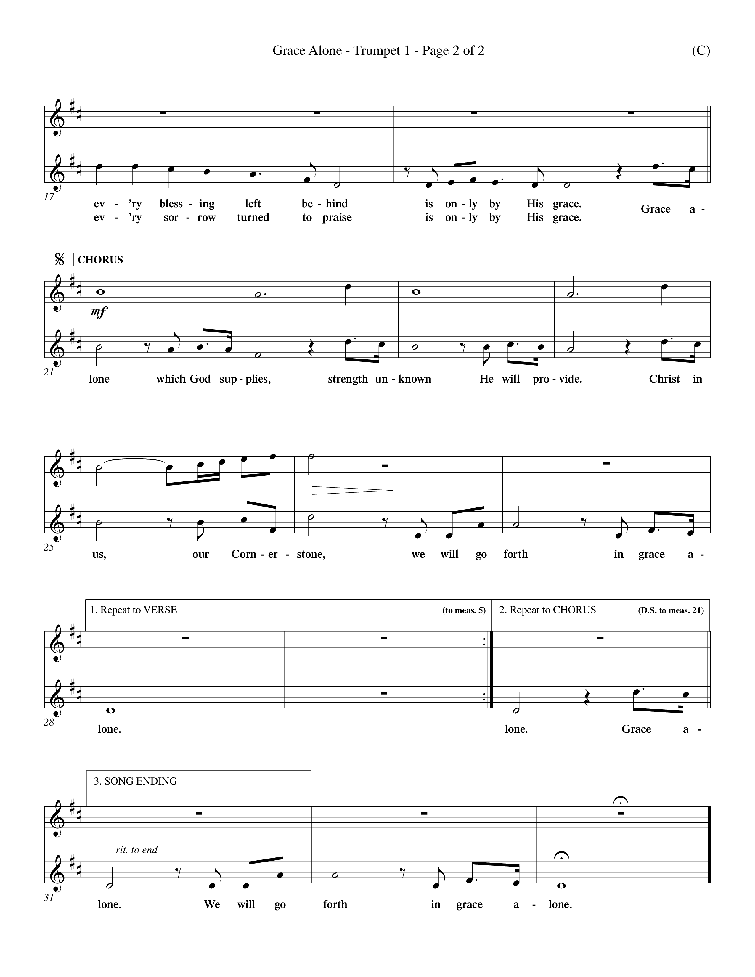 Grace Alone (Choral Anthem SATB) Trumpet 1 (Word Music Choral / Orch. Keith Wilbanks)